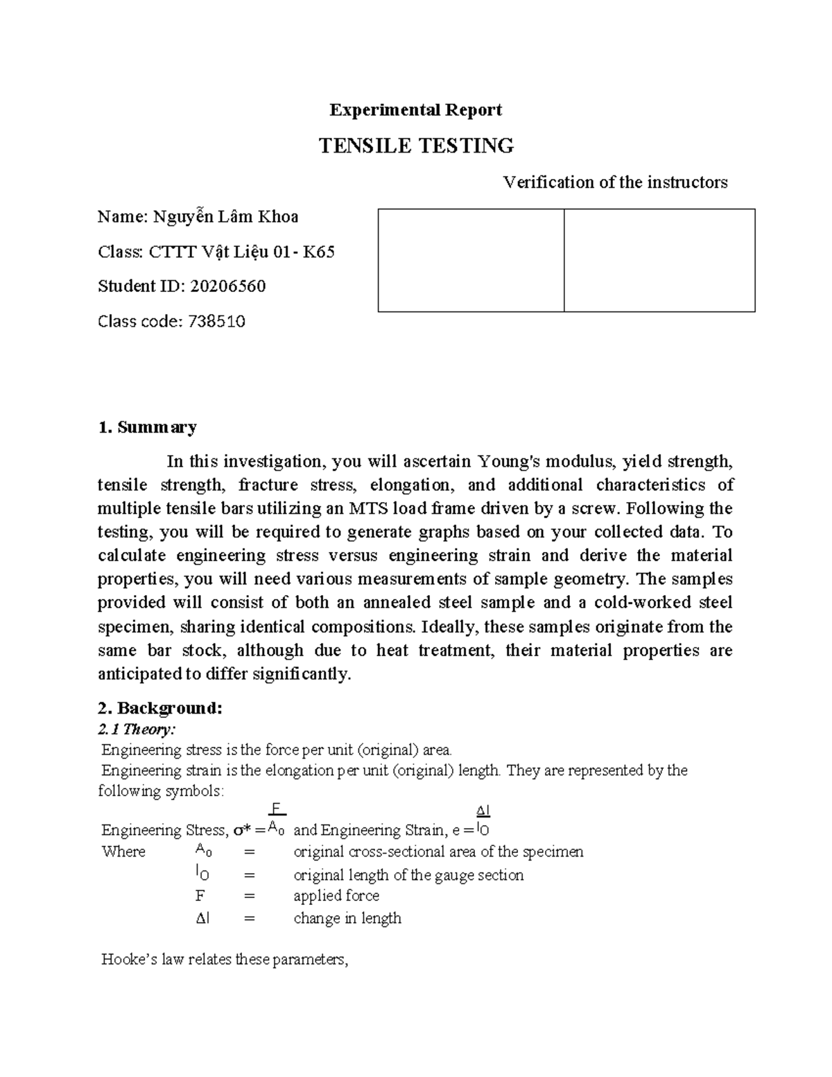 Experimental Report: Tensile Testing Analysis - CTTT Vật Liệu 01-K ...