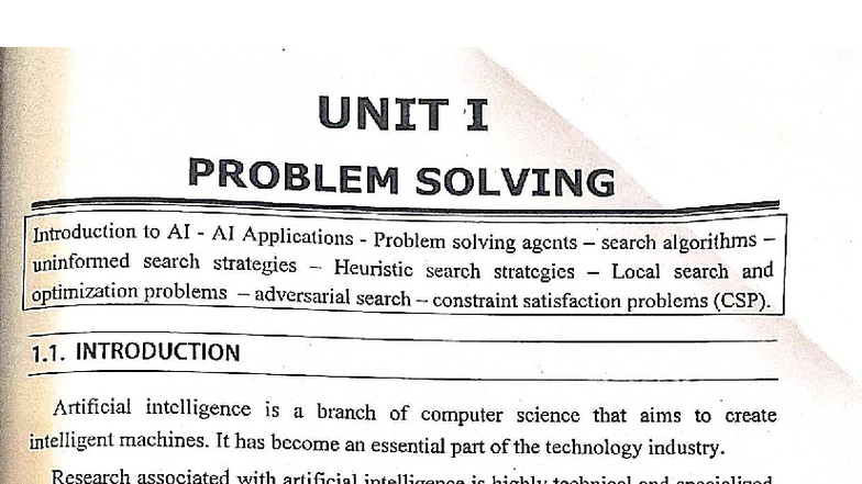 Unit I: Problem Solving in AI - Concepts & Applications - Studocu