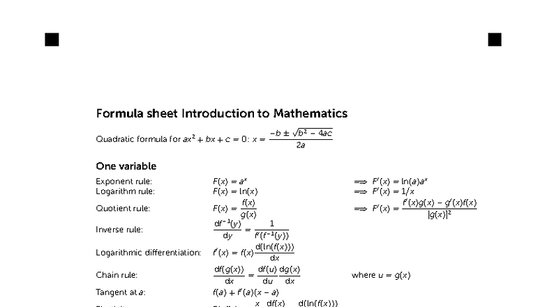 Exam Formula Sheet for Introduction to Mathematics (2021-2022) - Studocu