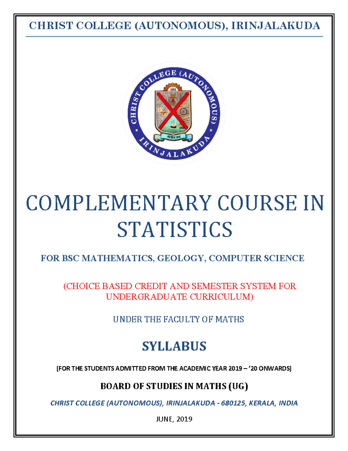 Complementary Course in Statistics (Geology, CS, Maths) Syllabus 2019 ...