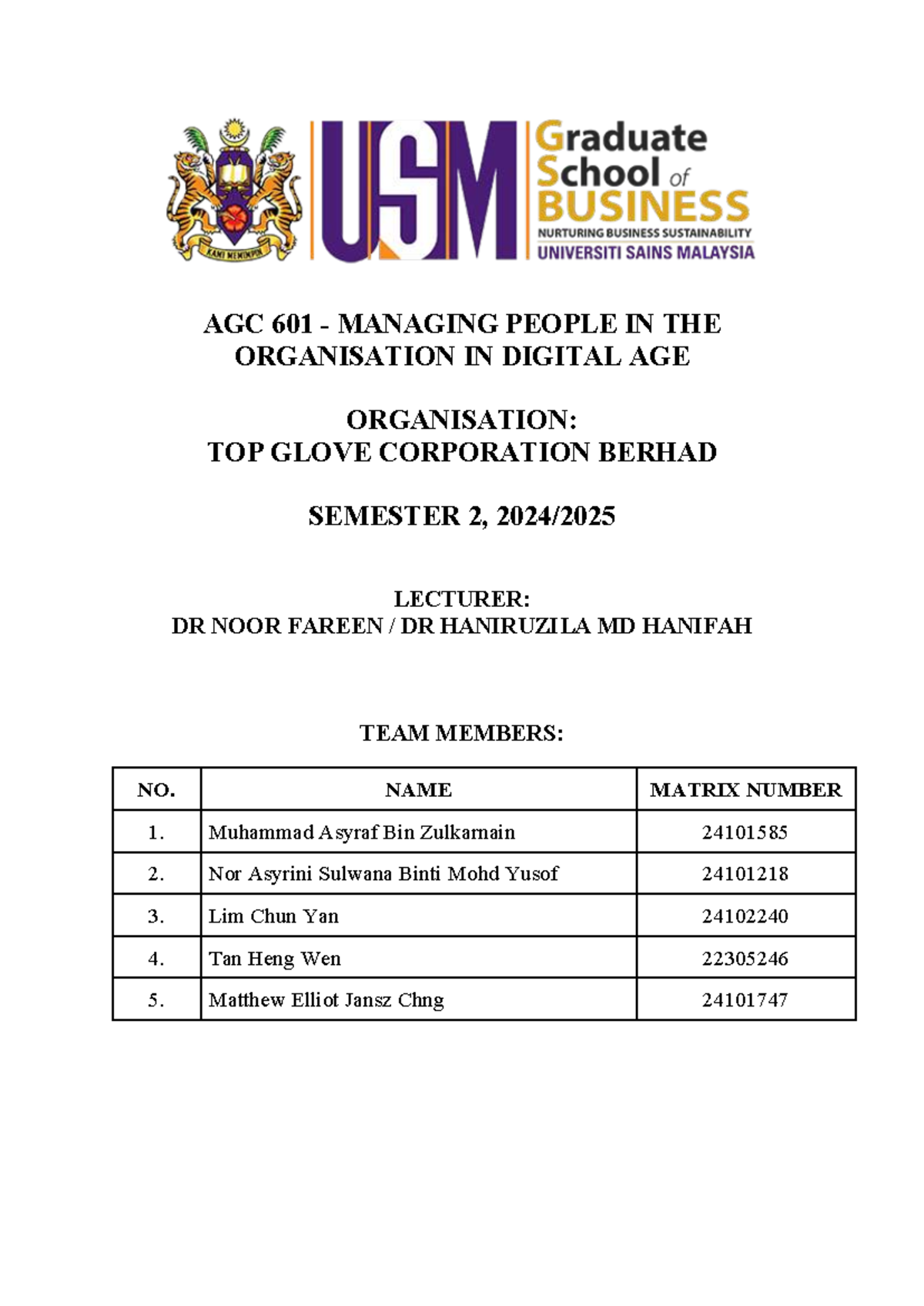 AGC 601 Group Assignment: Managing People at Top Glove Corp in the ...