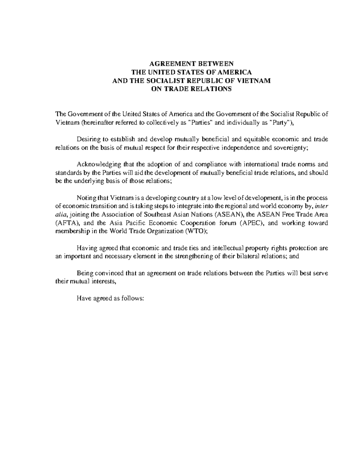US-Viet Nam-Bilateral Trade Agreement - AGREEMENT BETWEEN THE UNITED ...