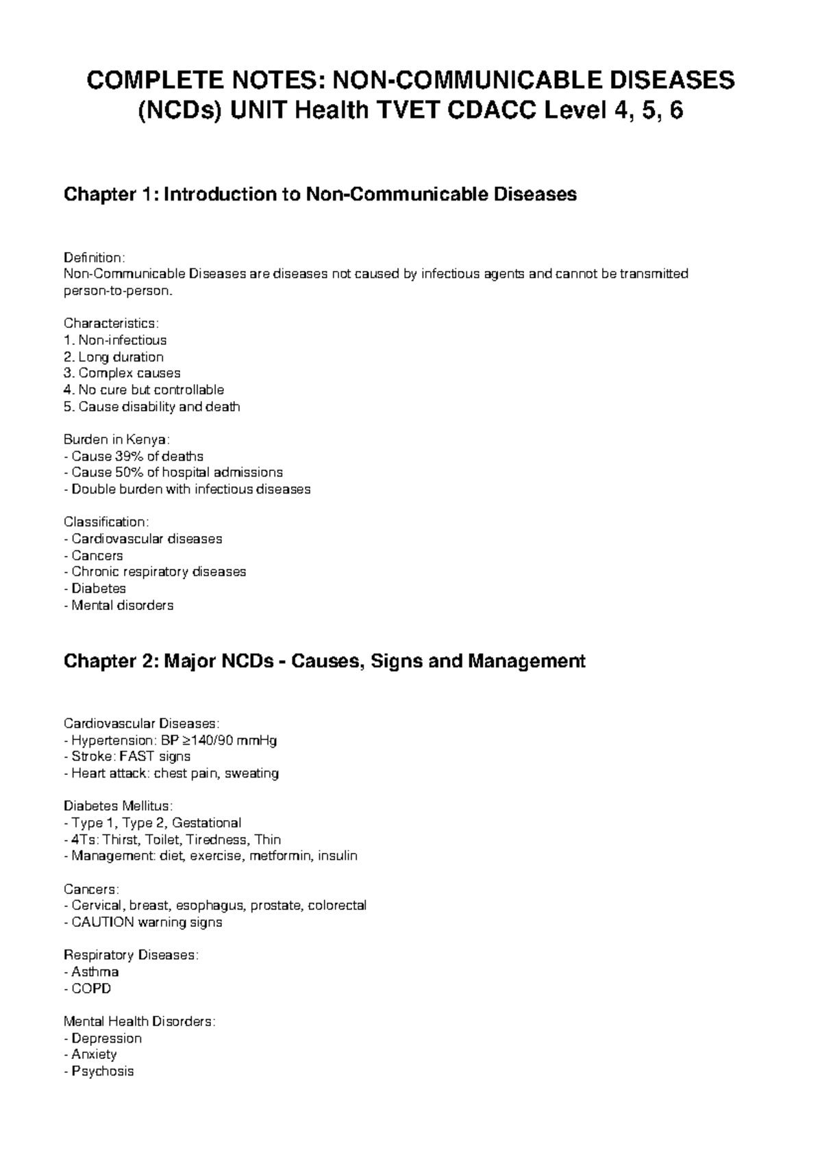 Complete NCDs Unit Health TVET Notes: Chapter 1-5 Overview - Studocu