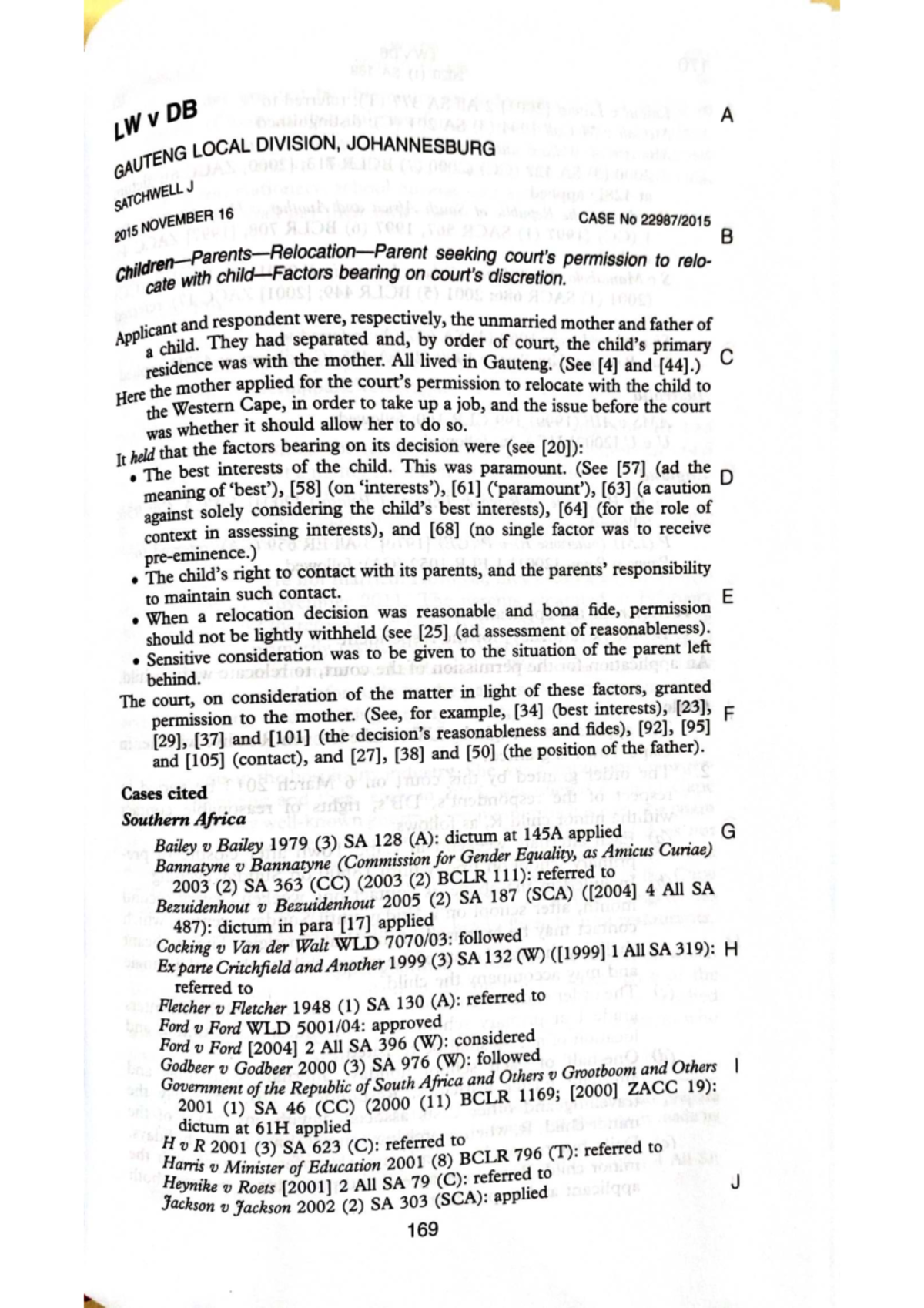 LW v DB: Case Study on Relocation and Child Custody (2020) - Studocu