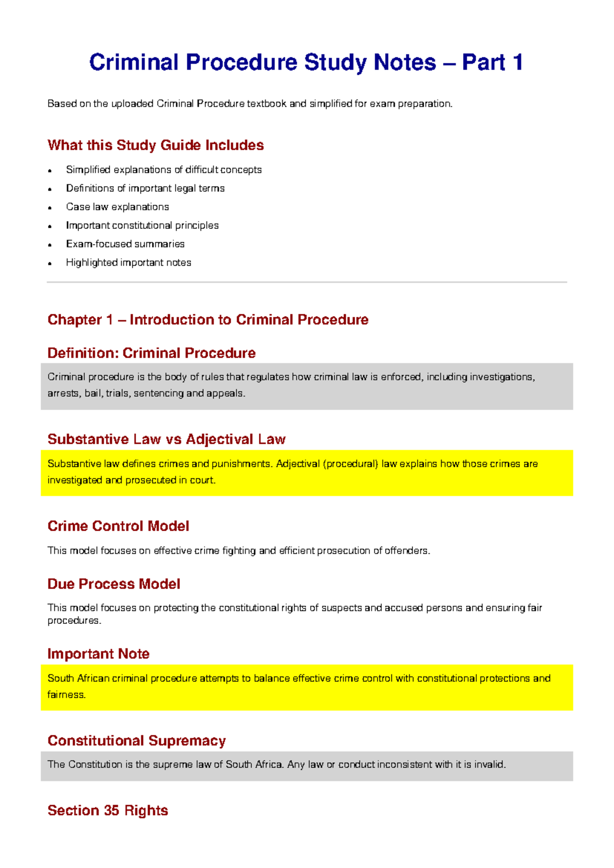 Criminal Procedure Study Notes (CP101) - Exam Prep Part 1 - Studocu