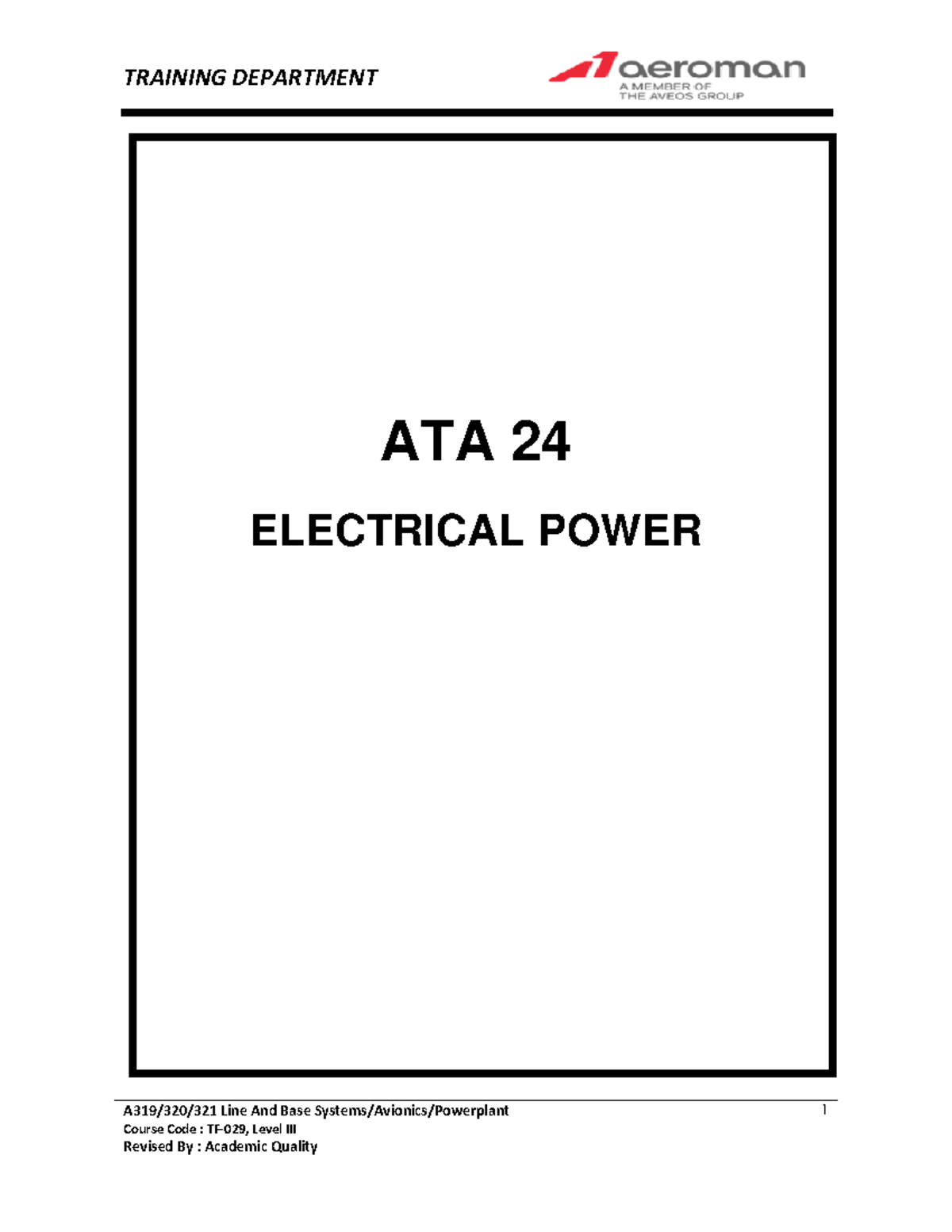 ATA 24 Electrical Power - TF-029 Course Overview and Key Concepts - Studocu