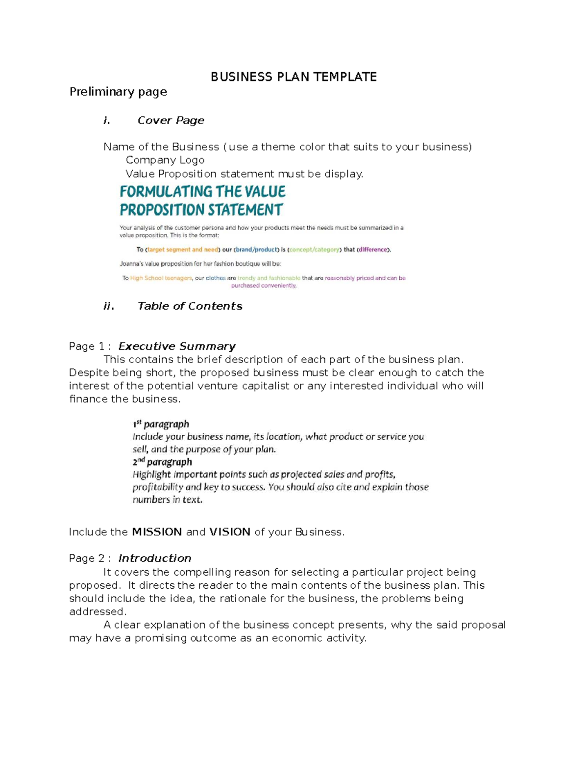 BUS 101: Business Plan Template for Startup Projects - Studocu