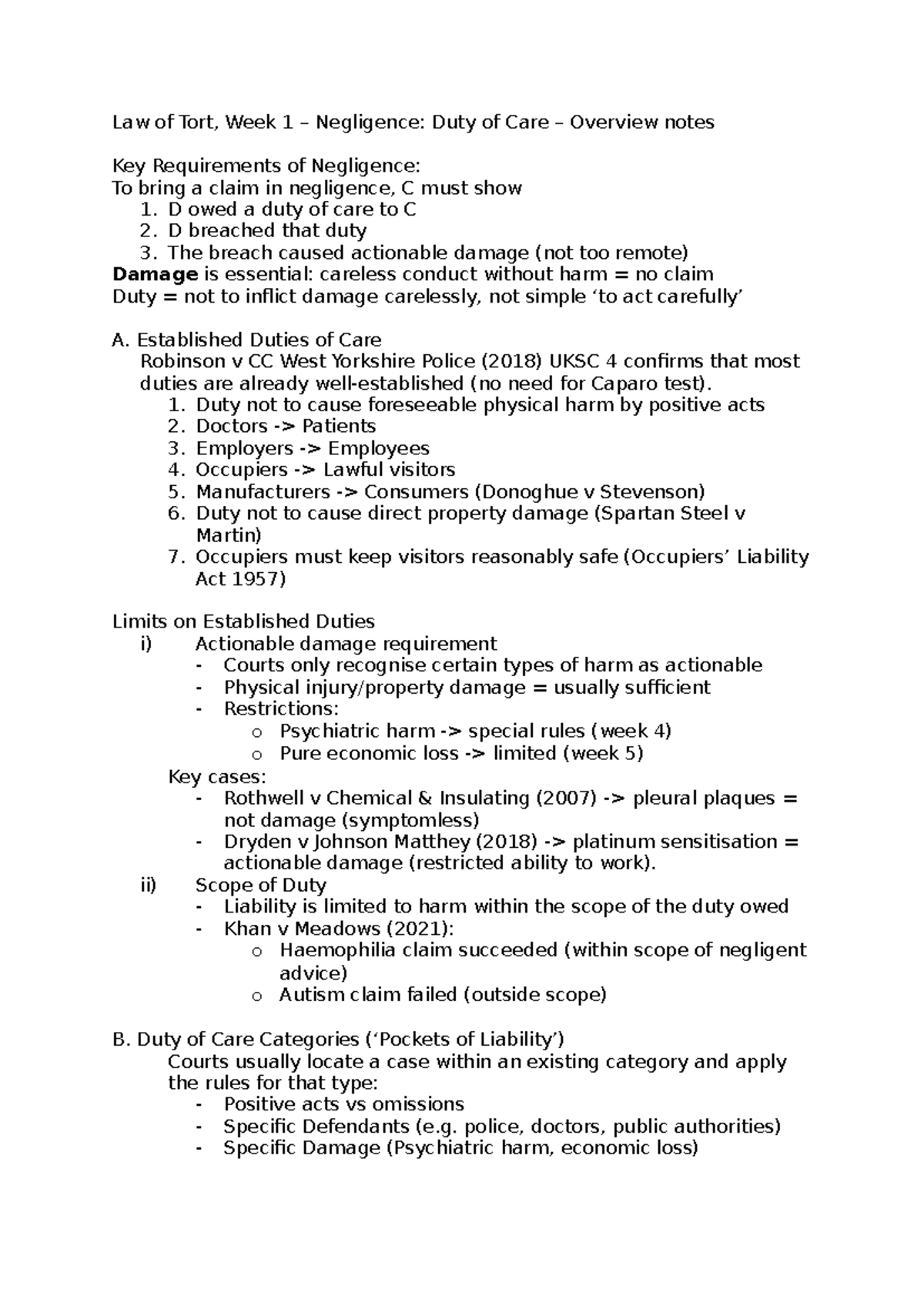 Law of Tort (Week 1): Negligence & Duty of Care Overview Notes - Studocu