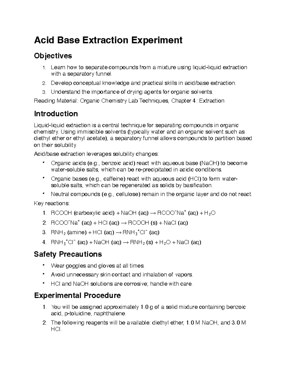 Acid Base Extraction Experiment (CHEM 101) - Objectives & Procedure ...