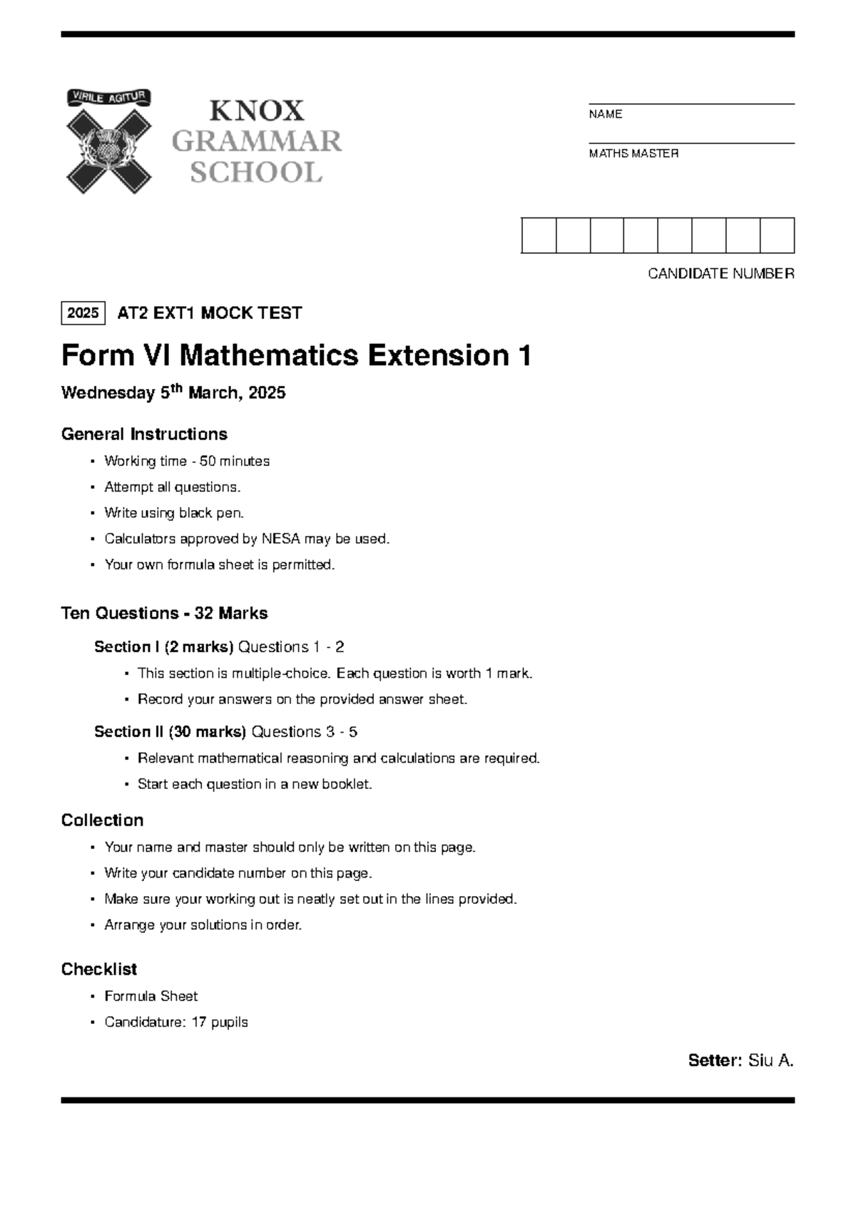 2025 Y12 EXT1 AT2 Mock Test - Mathematics Extension 1 - Studocu
