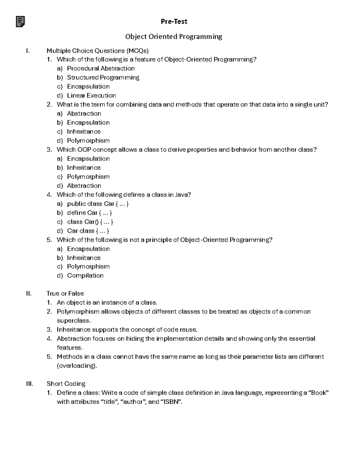 Pre-Test - asdasdsad - Pre-Test Object Oriented Programming I. Multiple ...