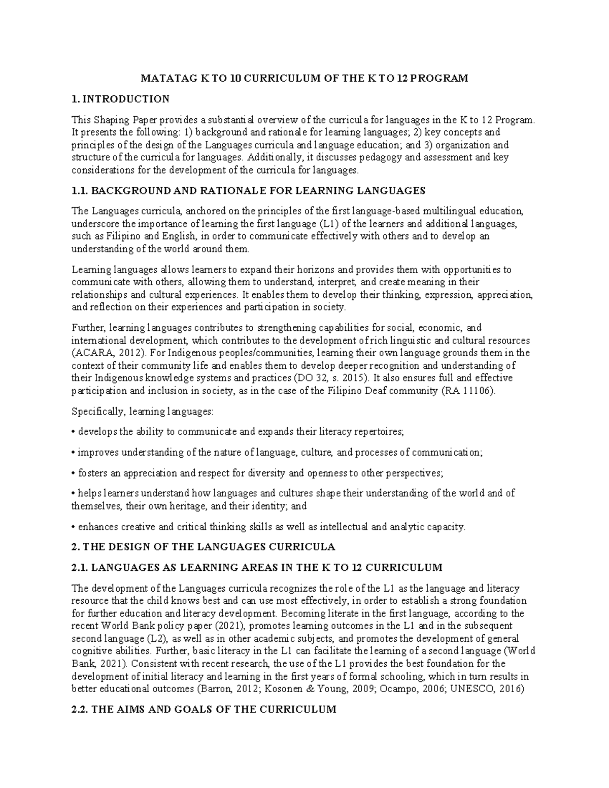 Matatag K to 10 Curriculum Overview for K to 12 Program - Studocu