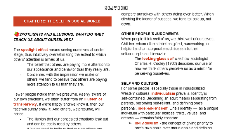 SOCIAL PSYCHOLOGY CHAPTER 2: UNDERSTANDING THE SELF IN SOCIETY - Studocu