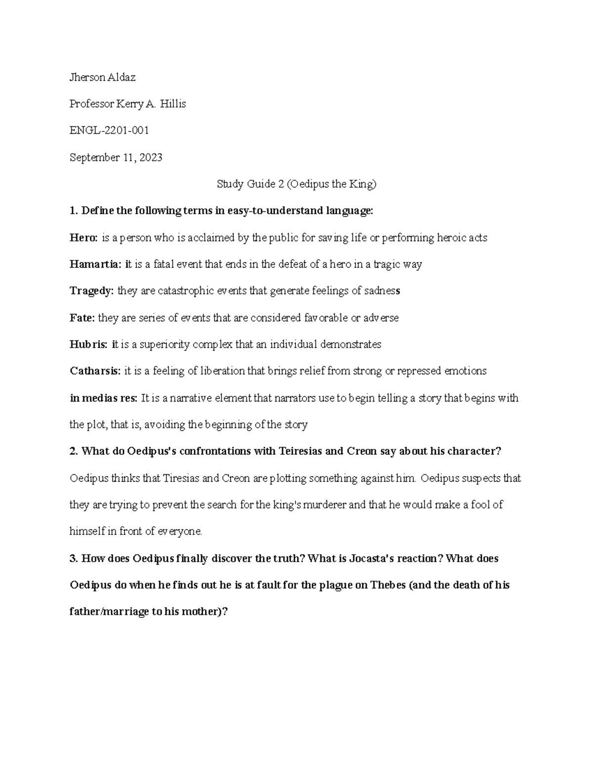 Study Guide 2 (Oedipus the King) - Jherson Aldaz Professor Kerry A ...