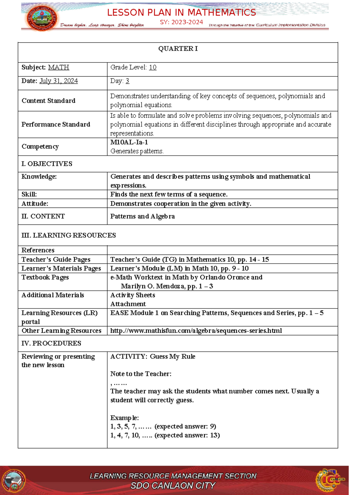 Lesson Plan in Mathematics SY: Q1 - Week 1, Day 3 (Grade 10) - Studocu