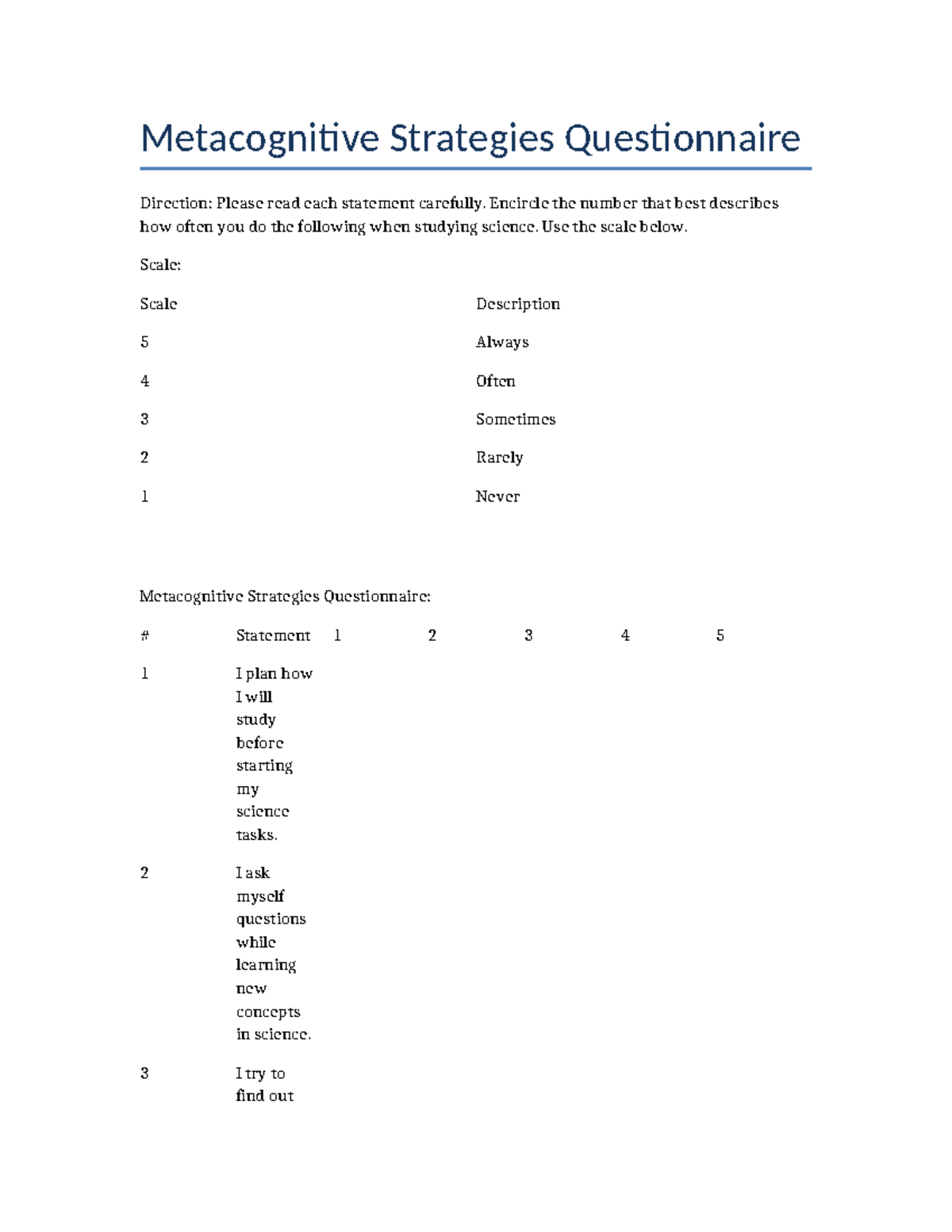 Metacognitive Strategies Questionnaire for Science Study - Studocu