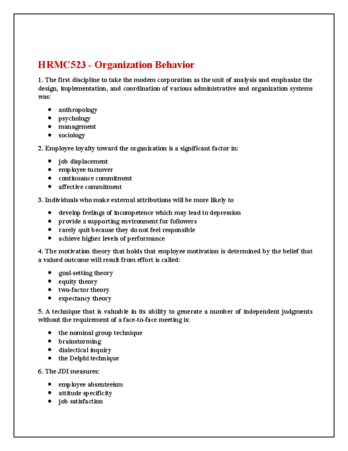 HRMC523 - Organizational Behavior Study Guide & Key Concepts - Studocu