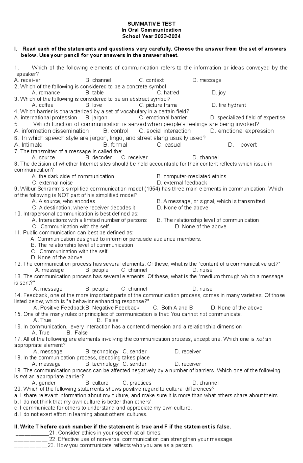 Oral Communication Summative Exam 2023: Key Topics and Practices - Studocu