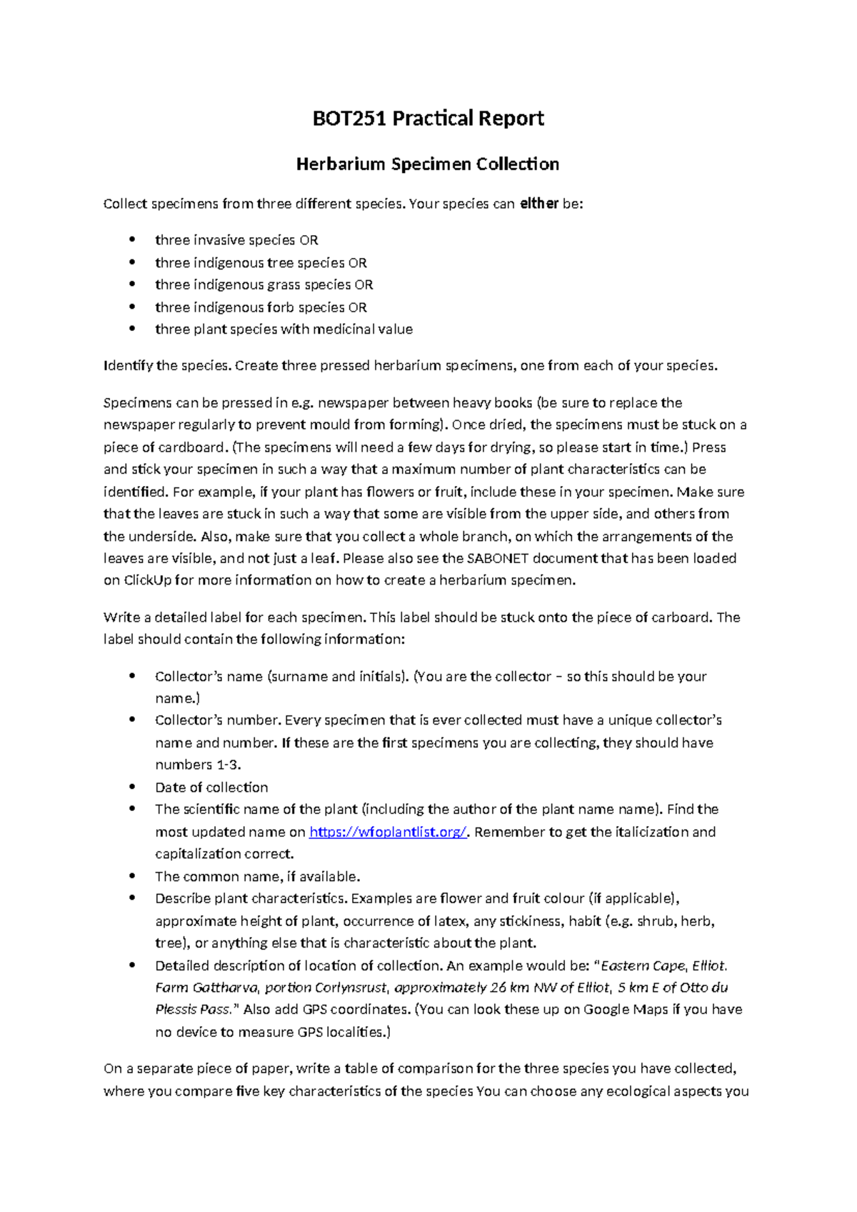 BOT251 Practical Report: Herbarium Specimen Collection Guide - Studocu