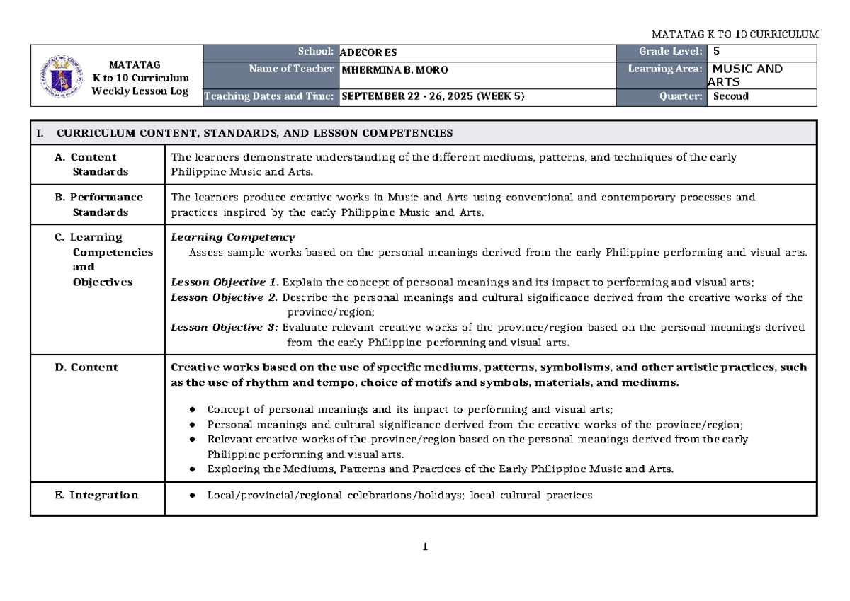 DLL Matatag K to 10 Music & Arts Grade 5 Weekly Lesson Log Q2 W5-6 ...
