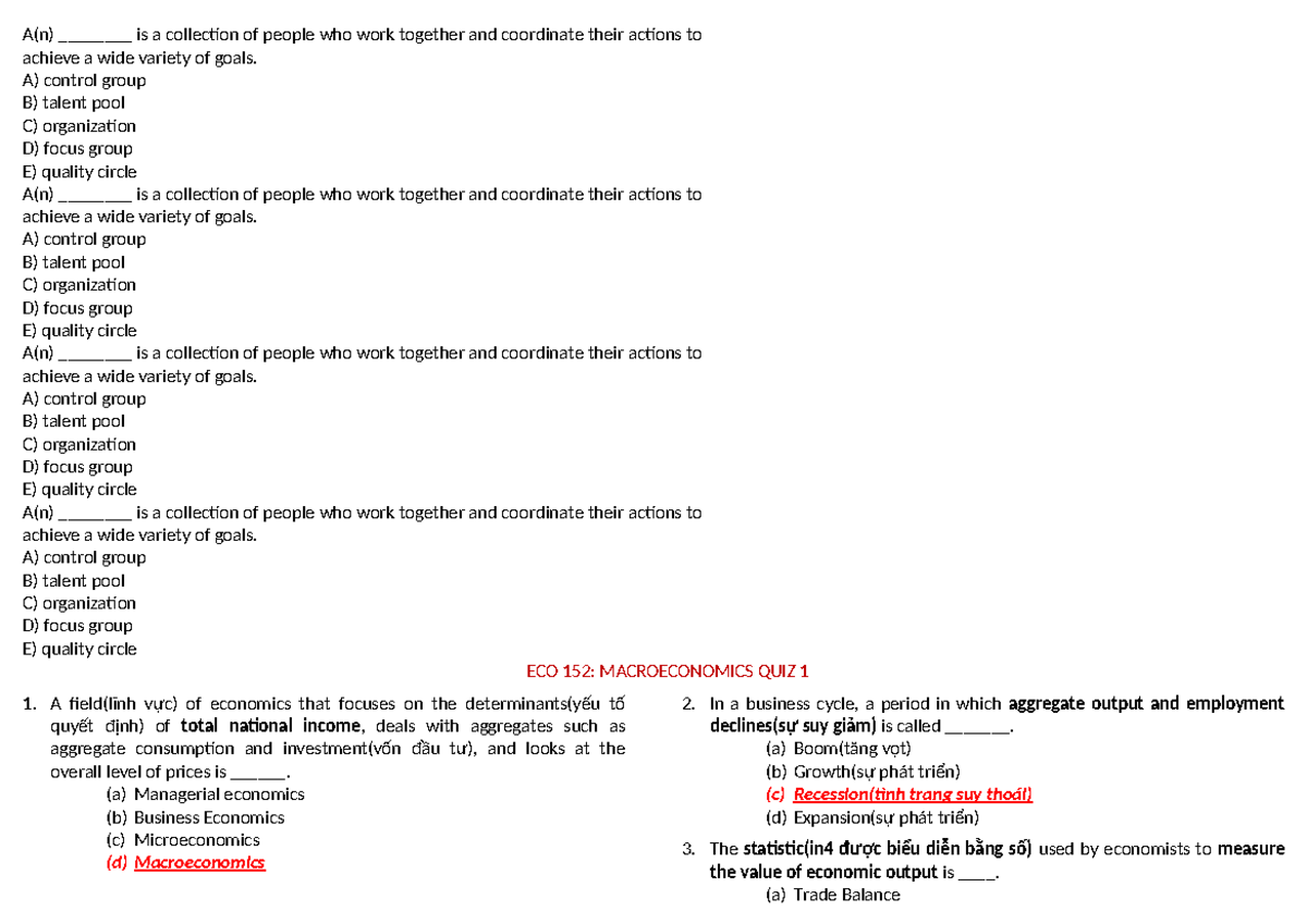 ECO 152 Macroeconomics Quiz: Key Concepts and Practice Questions - Studocu