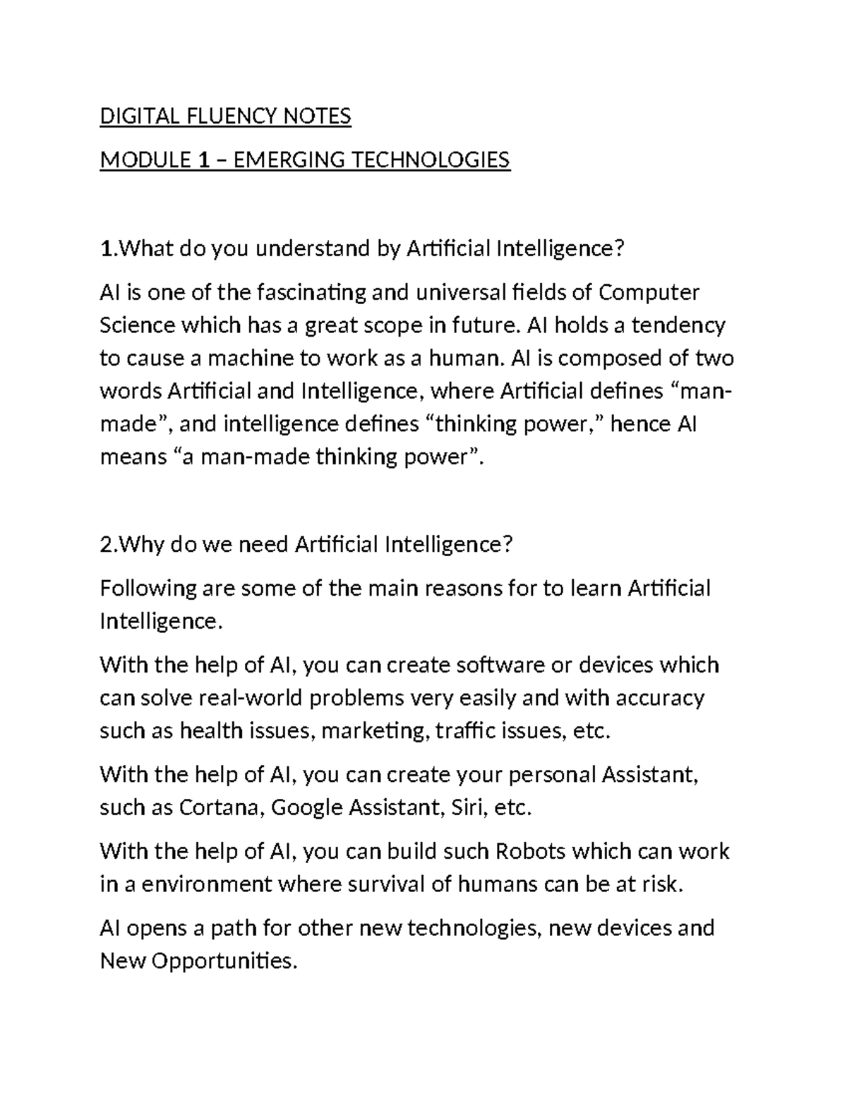 DIGITAL FLUENCY NOTES MODULE 1: EMERGING TECH & AI Insights - Studocu