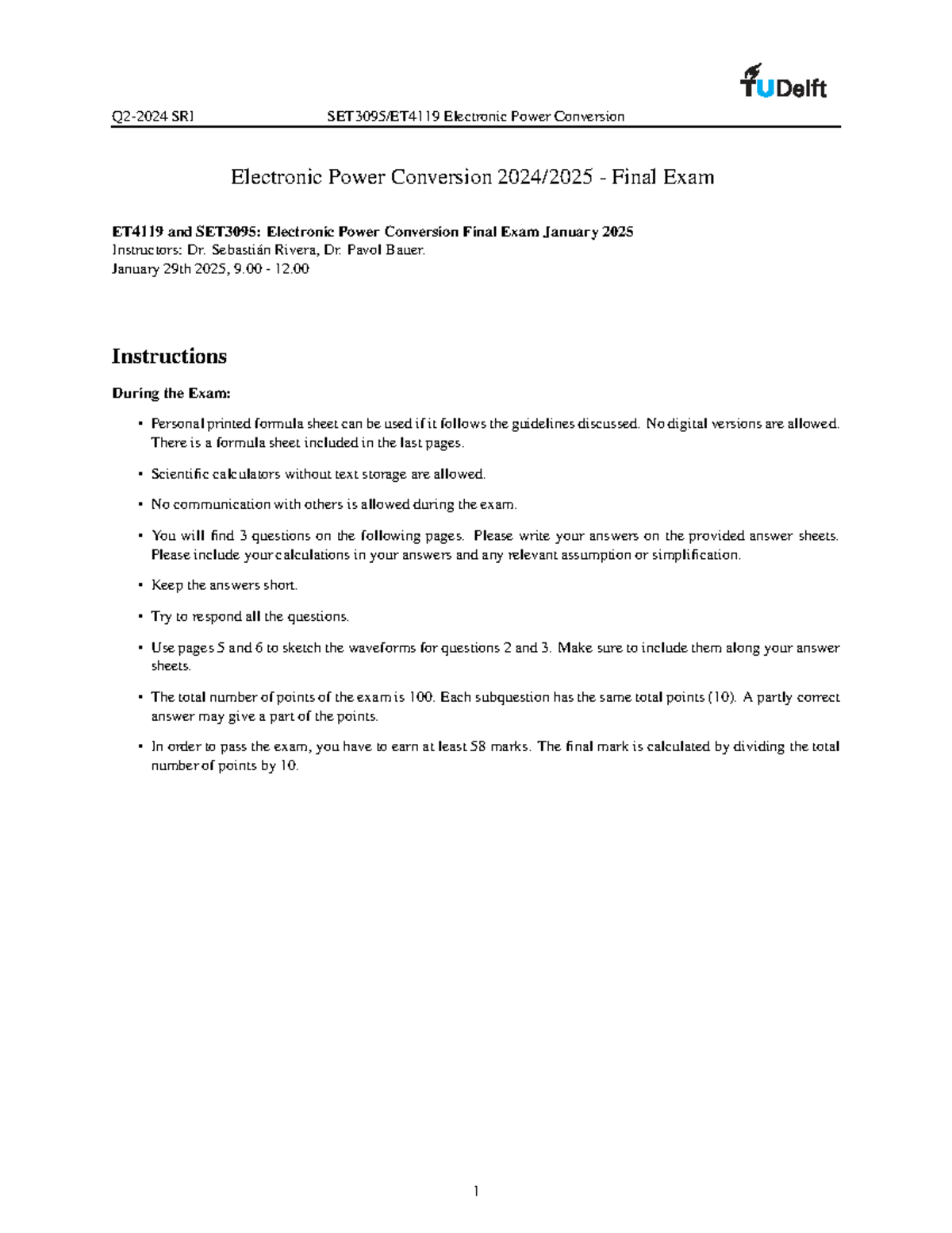 Final Exam Solutions for ET4119 & SET3095: Power Conversion 2024 ...
