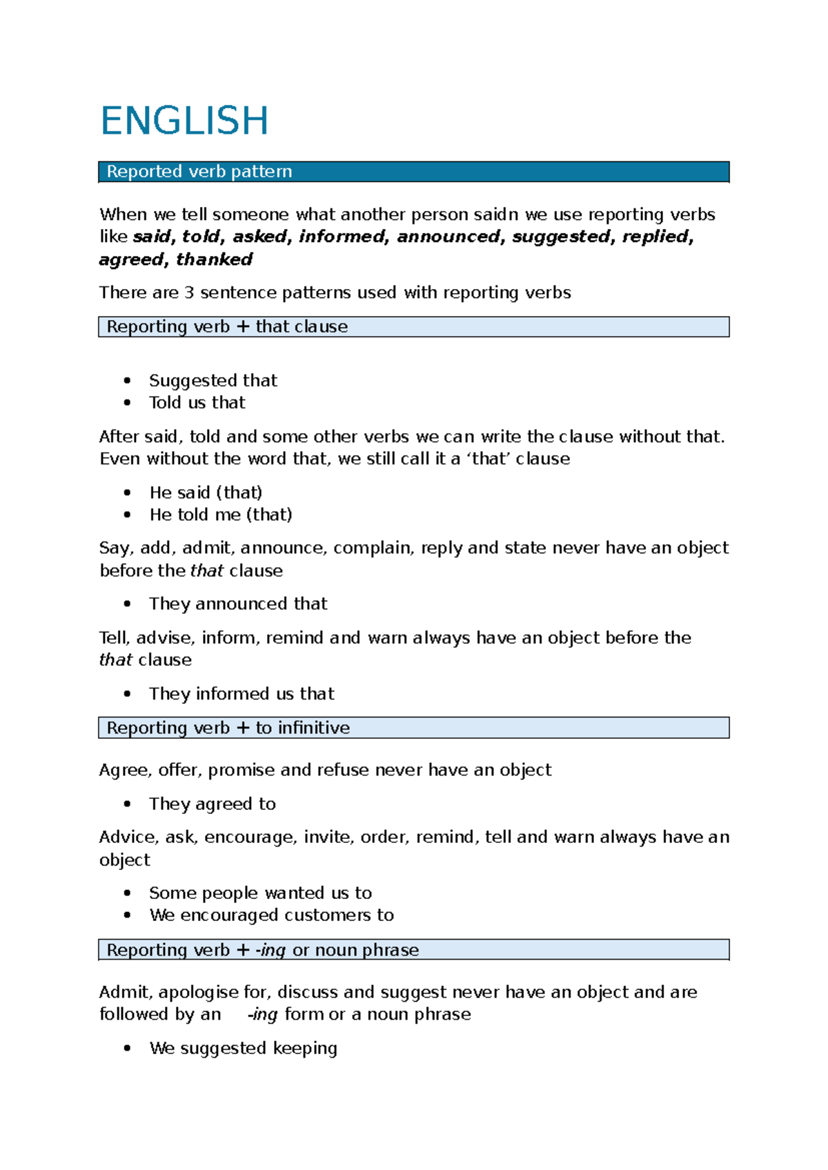 ENGLISH Reported Verb Patterns: Usage and Examples - Studocu