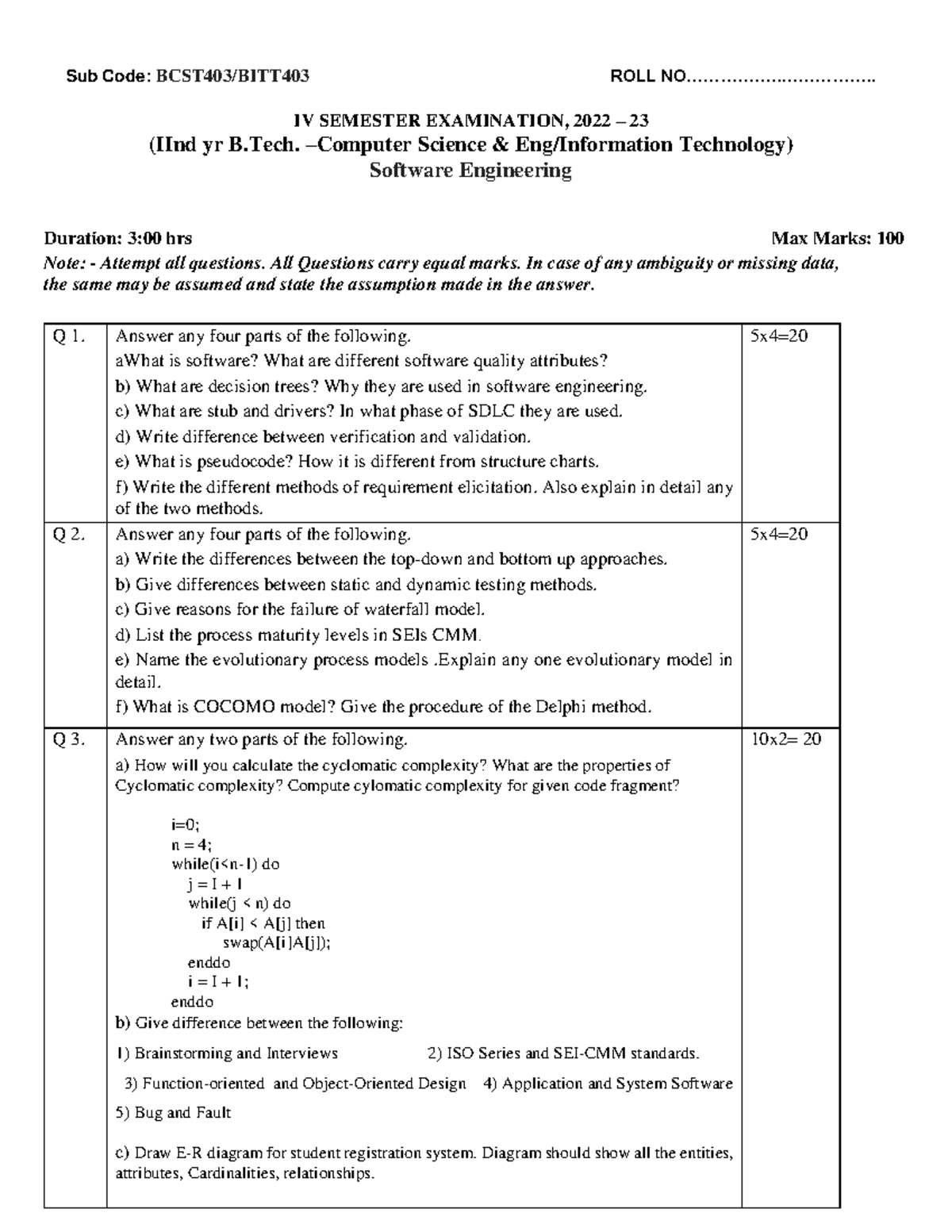 Model Question Paper for Software Engineering (BCST403/BITT403) 2022-23 ...