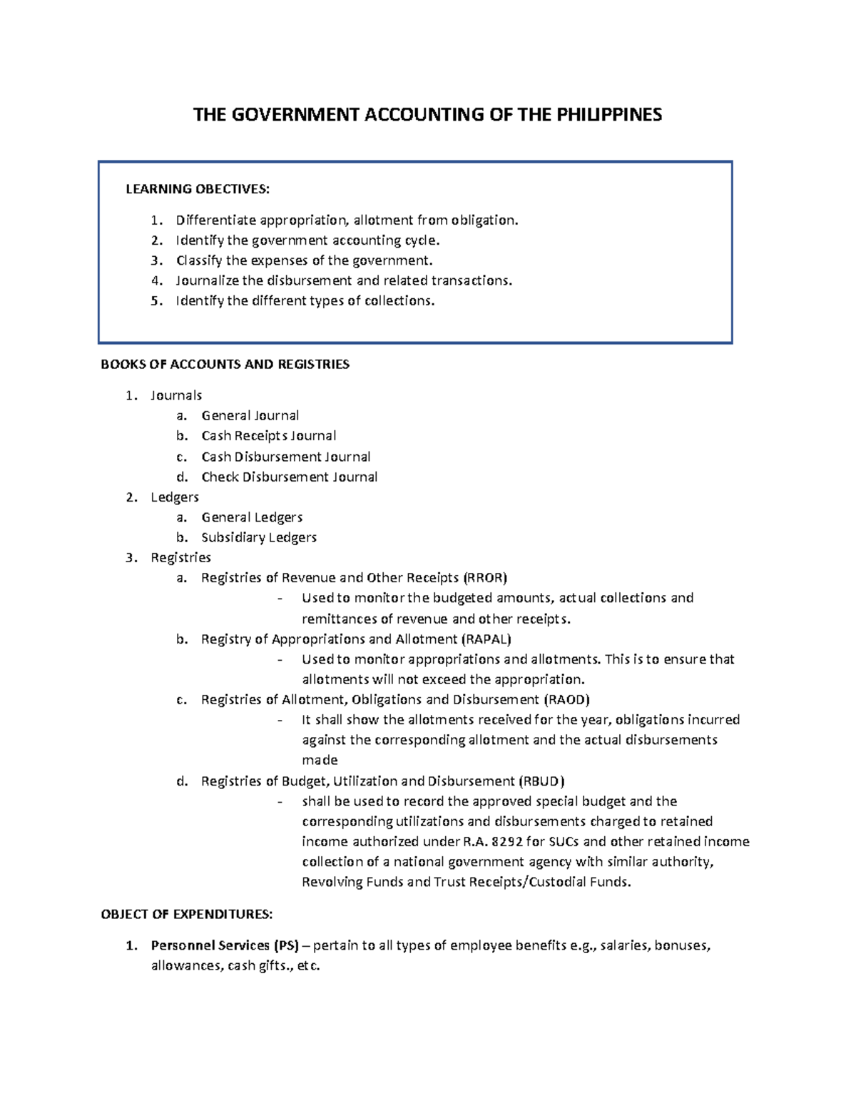 GOVT ACCTG OF PHILIPPINES: LEARNING OBJECTIVES & CYCLE - Studocu