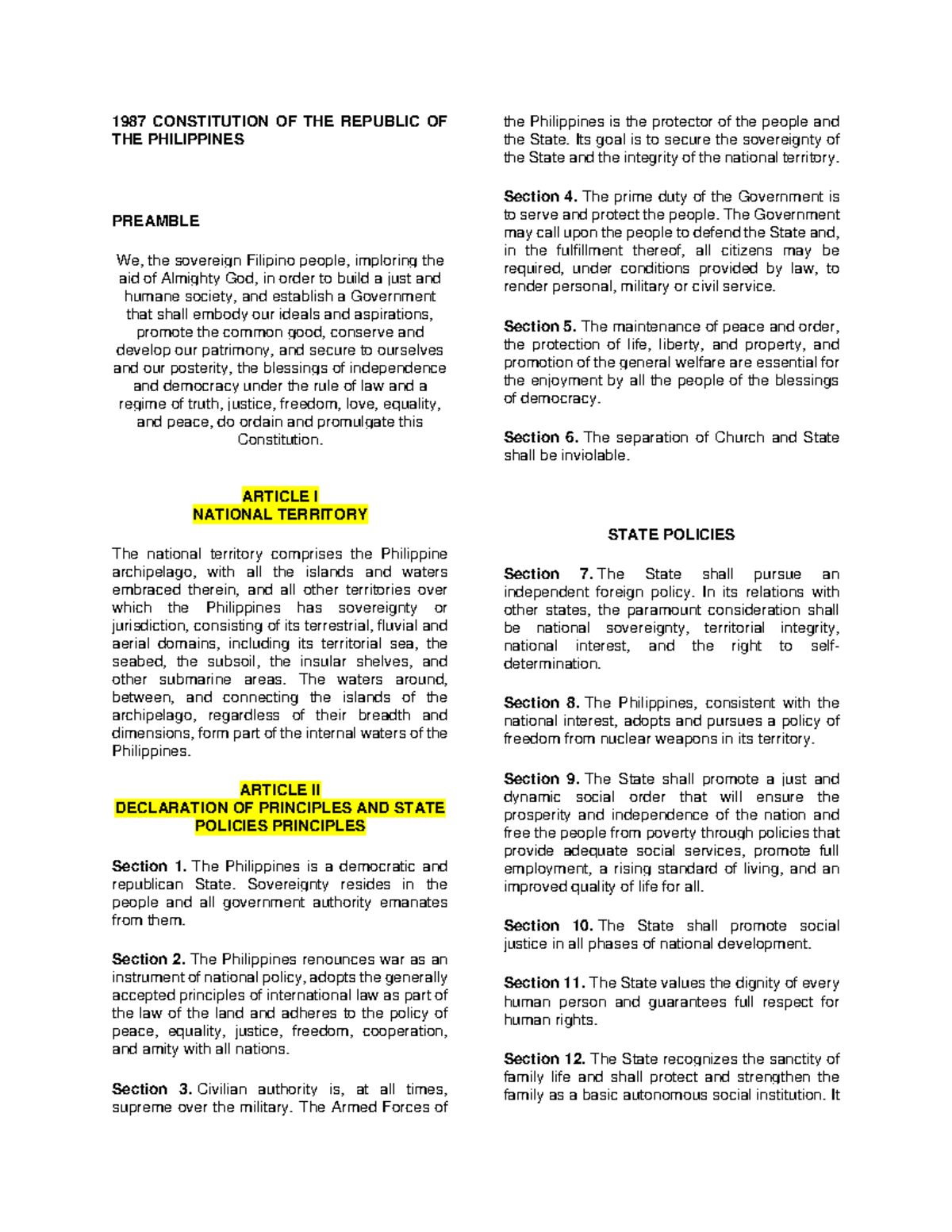 1987 Constitution of the Republic of the Philippines: Preamble and Key ...