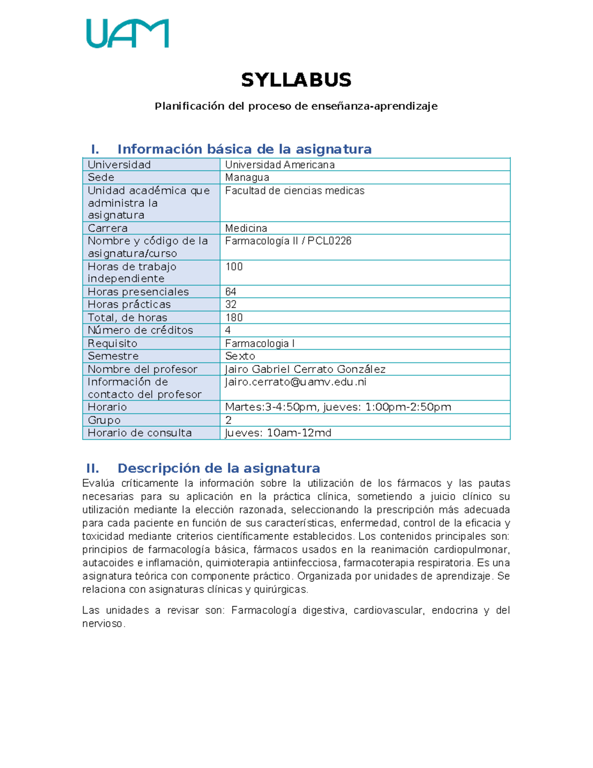 Syllabus de Farmacología II PCL0226 - UAM 2025 Grupo 6 - Document Preview