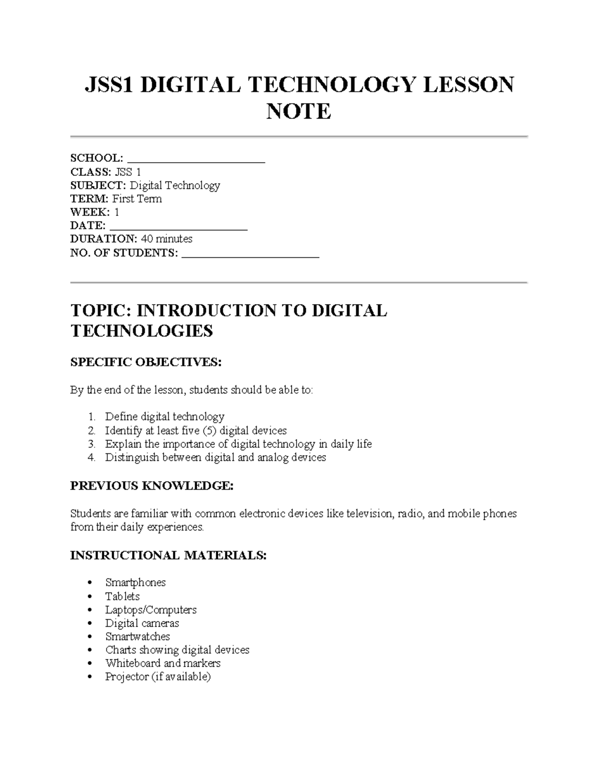 JSS1 Digital Technology Lesson Notes: First Term Overview - Studocu