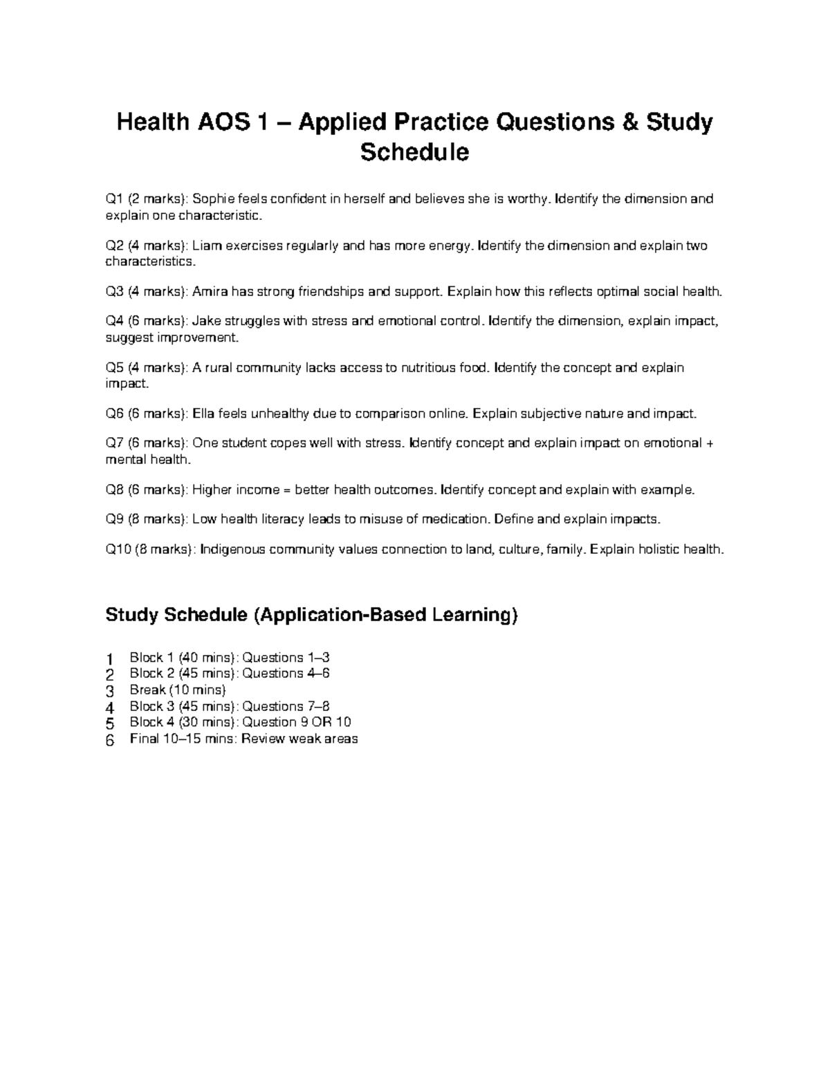 Health AOS1 Applied Practice Questions Study Guide - Studocu