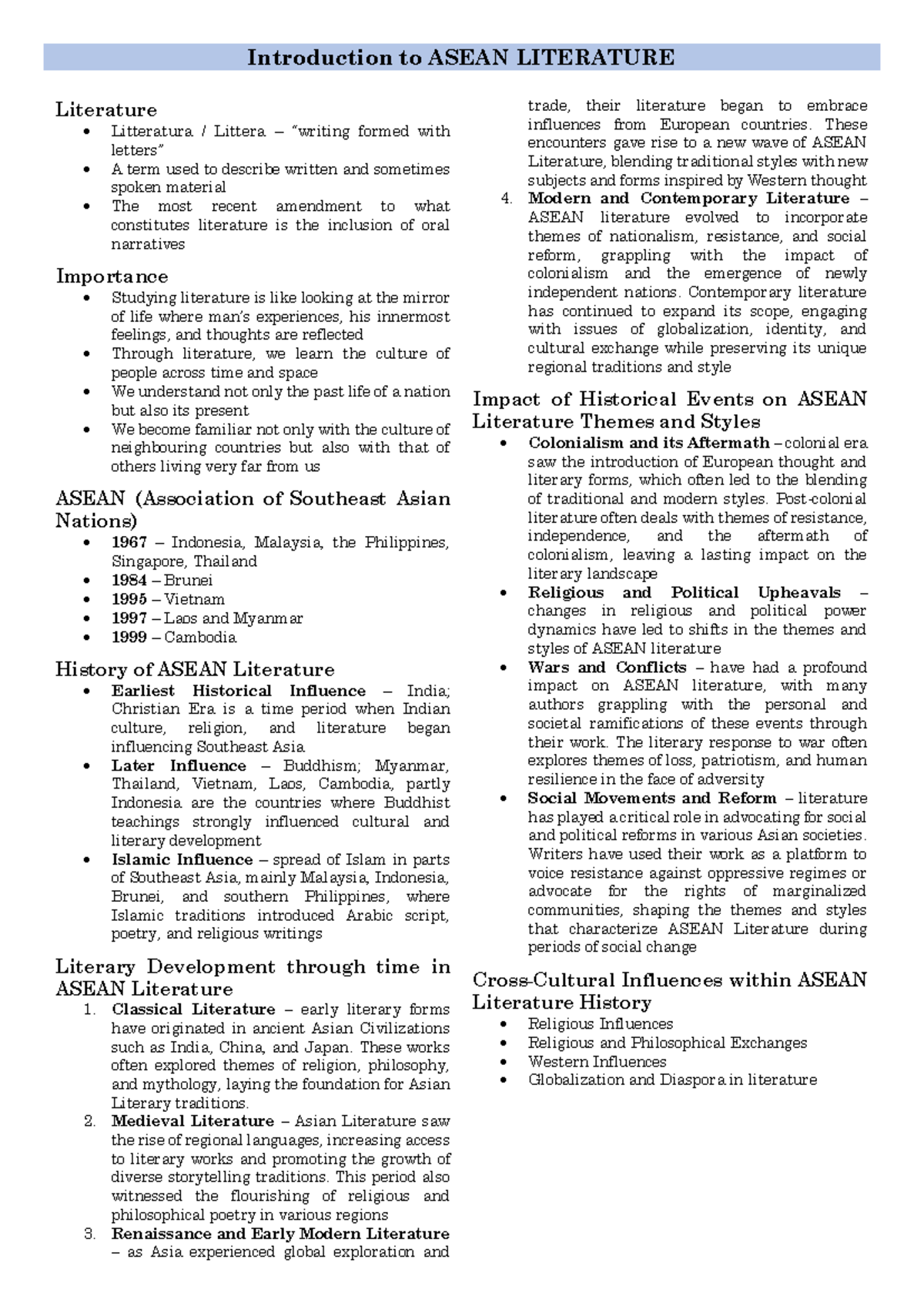 ASEAN Literature Lecture Midterm Study Notes - Studocu