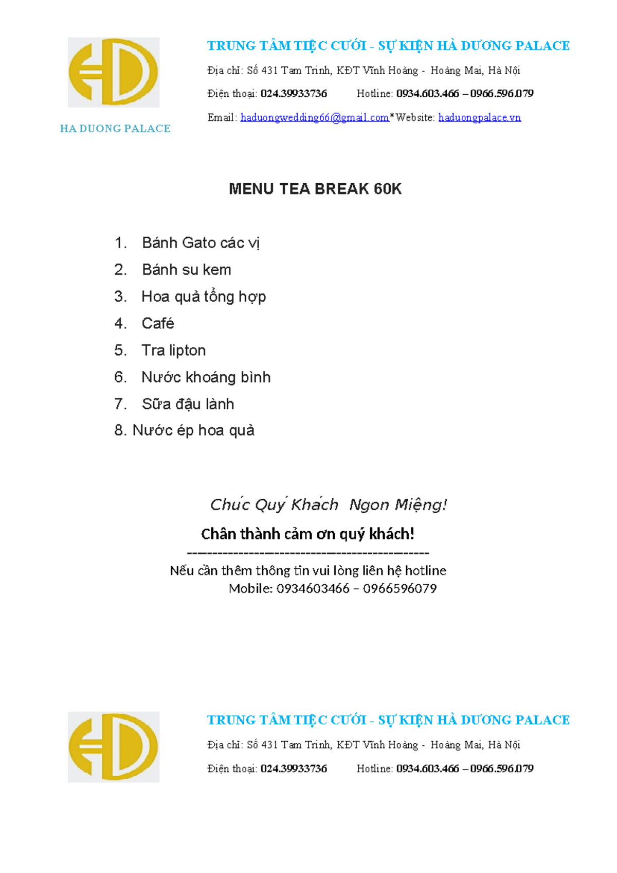 Teabreak Menu 60K - Ha Duong Palace Event Center - Studocu