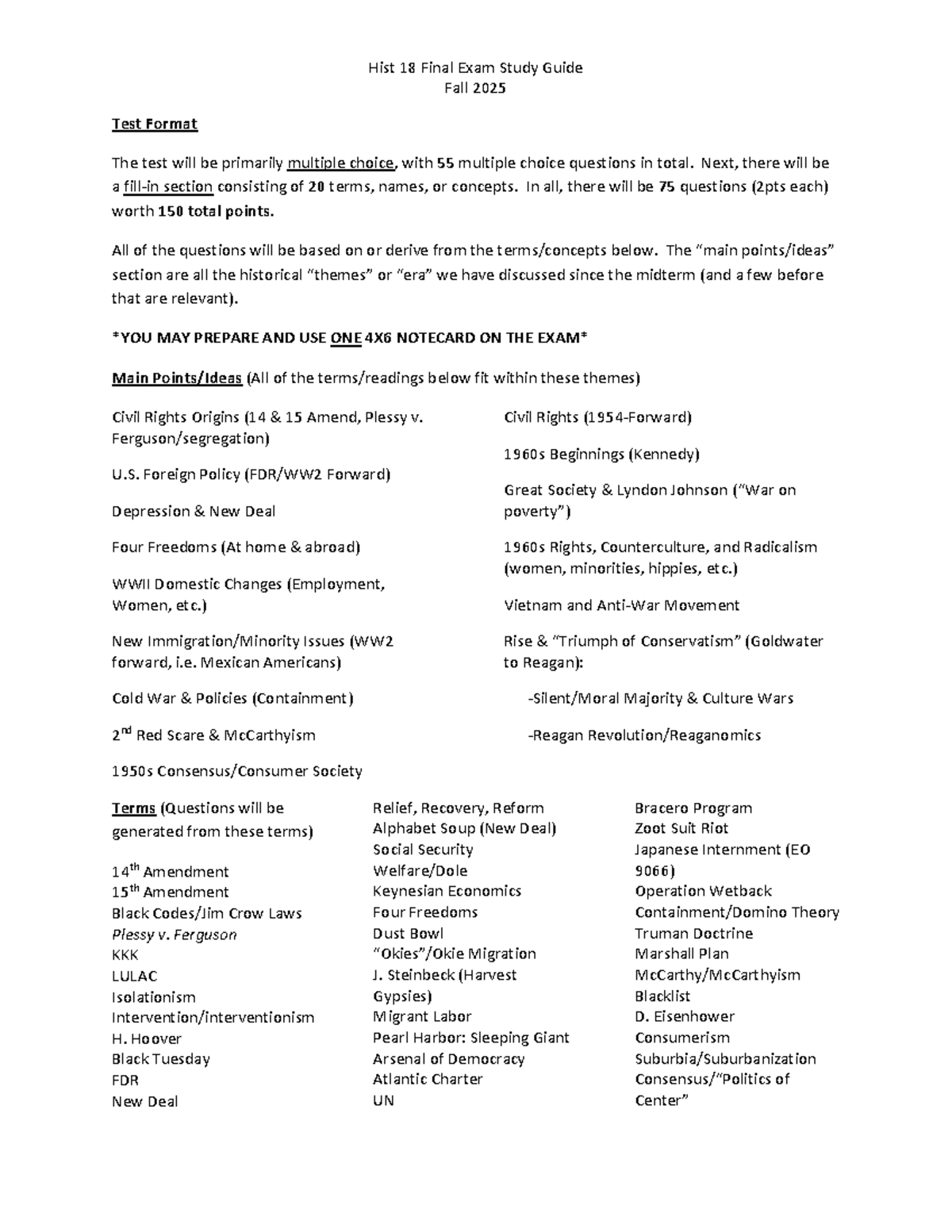 Hist 18 Final Exam Study Guide - Fall 2025 - Studocu