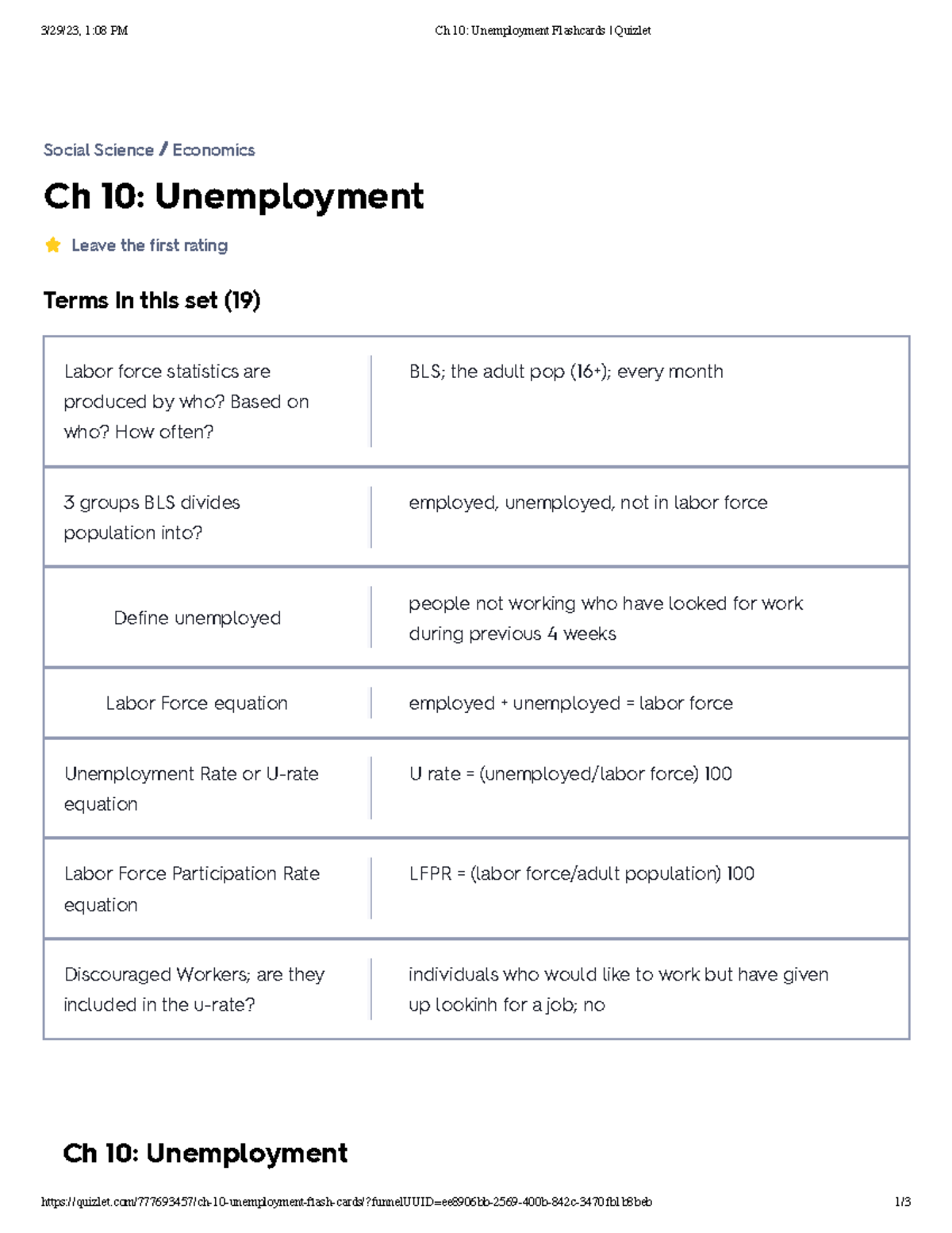 Ch 10 Unemployment Study Flashcards for Social Science Quizlet - Studocu