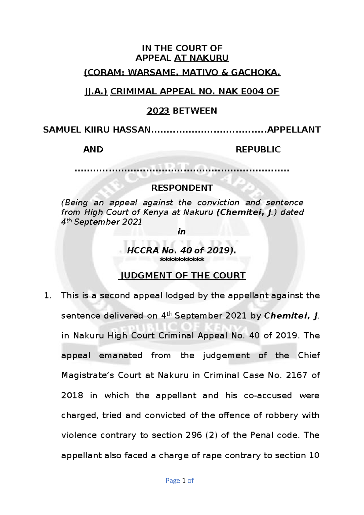 Hassan v Republic: Judgment on Criminal Appeal E004 of 2023 - Studocu
