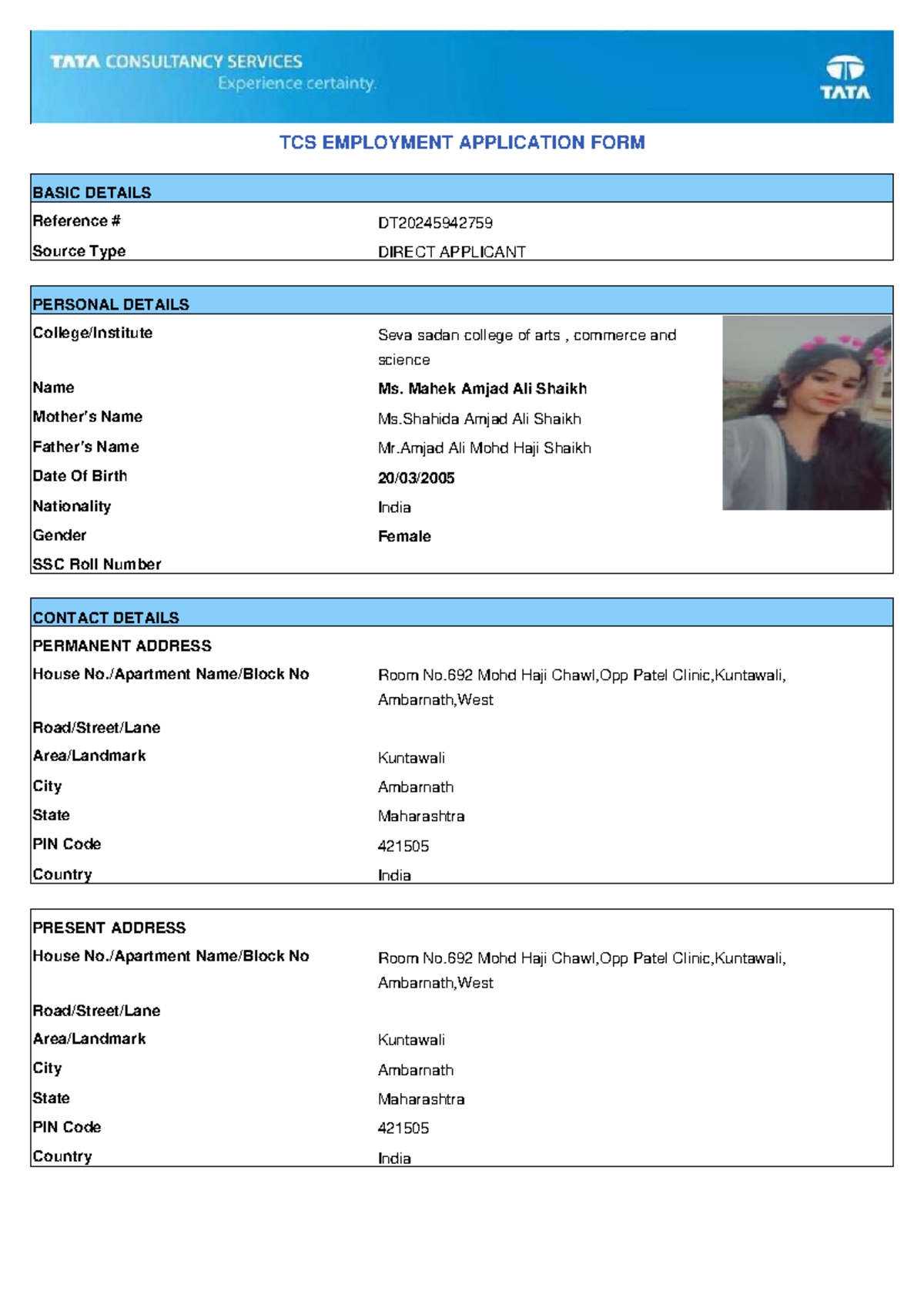 DT20245942759 Application-1 - TCS EMPLOYMENT APPLICATION FORM BASIC ...