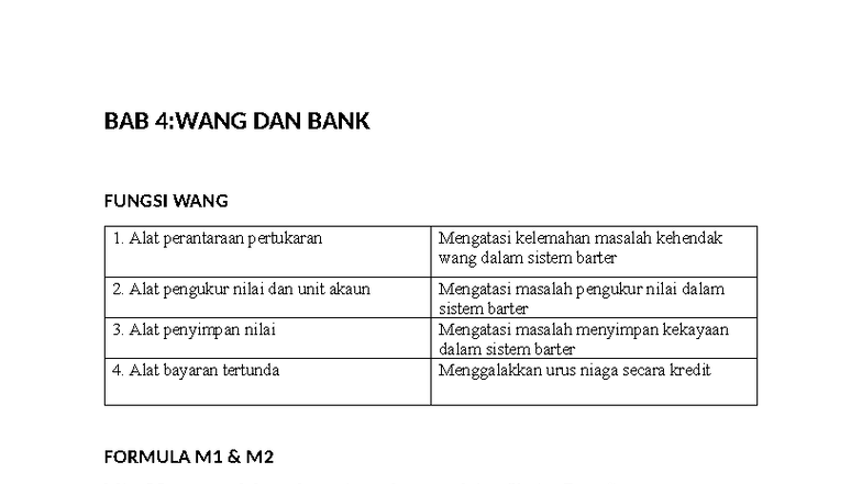 BAB 4: Nota Ekonomi - Fungsi Wang dan Permintaan Wang - Studocu