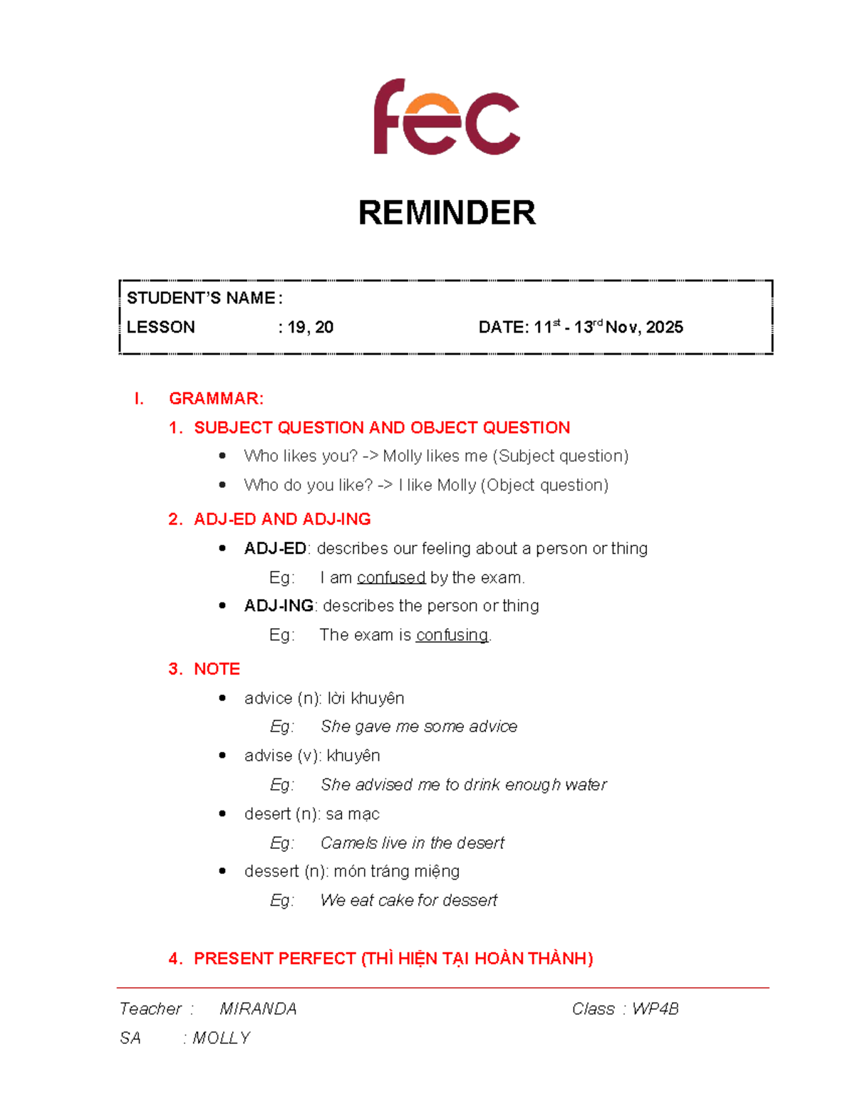 WP4B - Lesson Reminder: Grammar & Exercises (Nov 11-13, 2025) - Studocu