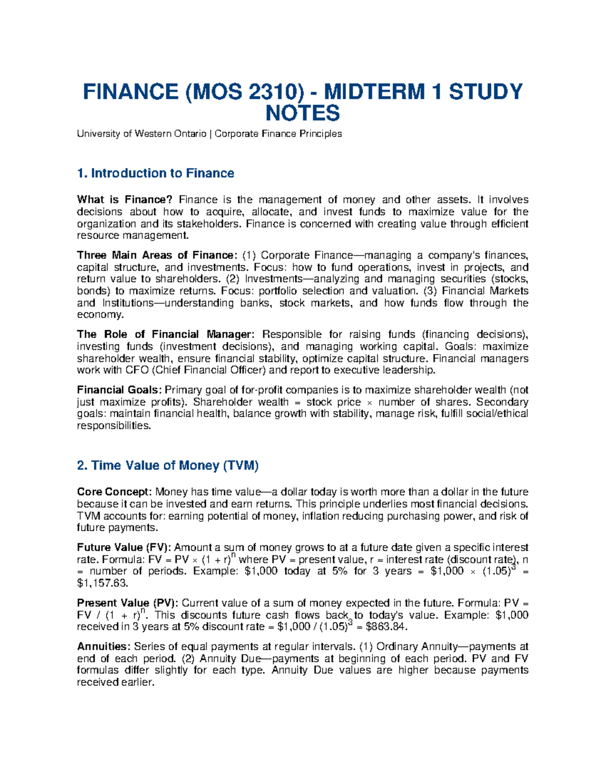 FINANCE (MOS 2310) MIDTERM 1 STUDY NOTES - UWO - Studocu