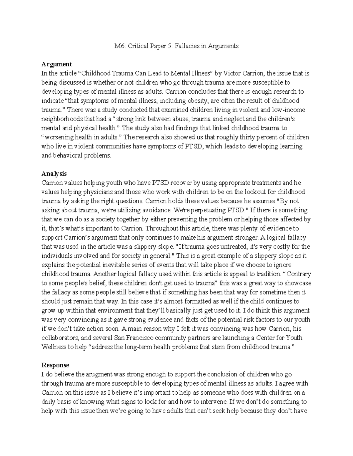 M6 Critical Paper 5: Analyzing Fallacies in Argument on Trauma - Studocu