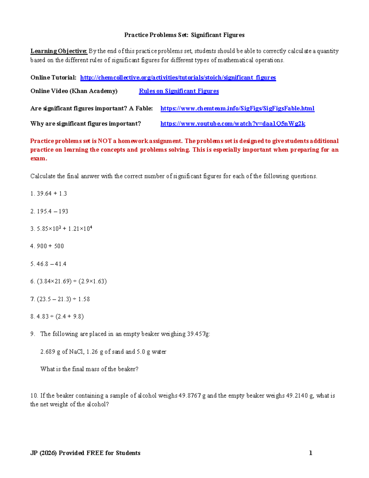 JP (2026) Practice Problems Set: Mastering Significant Figures - Studocu