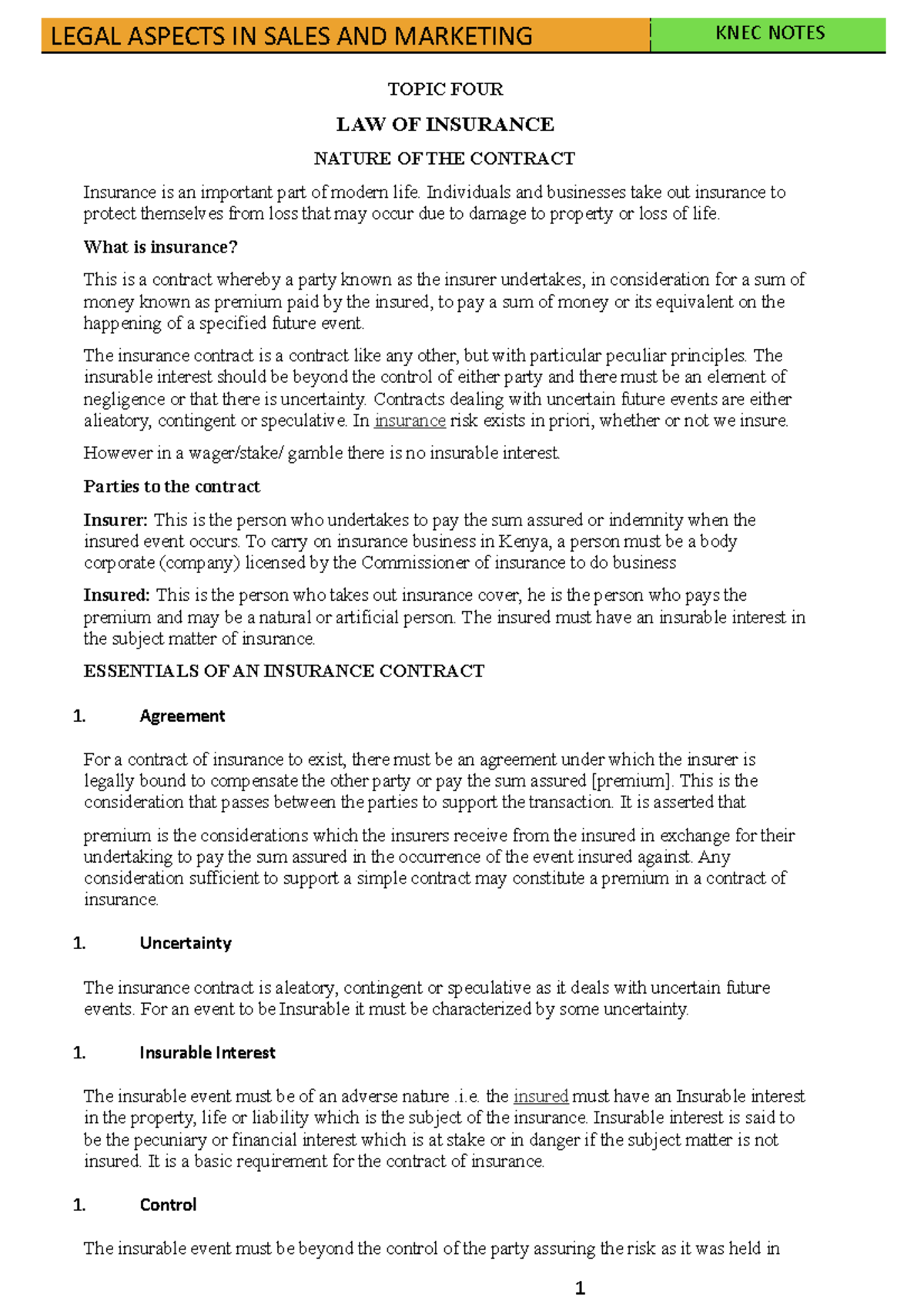 Law of Insurance - Key Principles and Contractual Essentials - Studocu