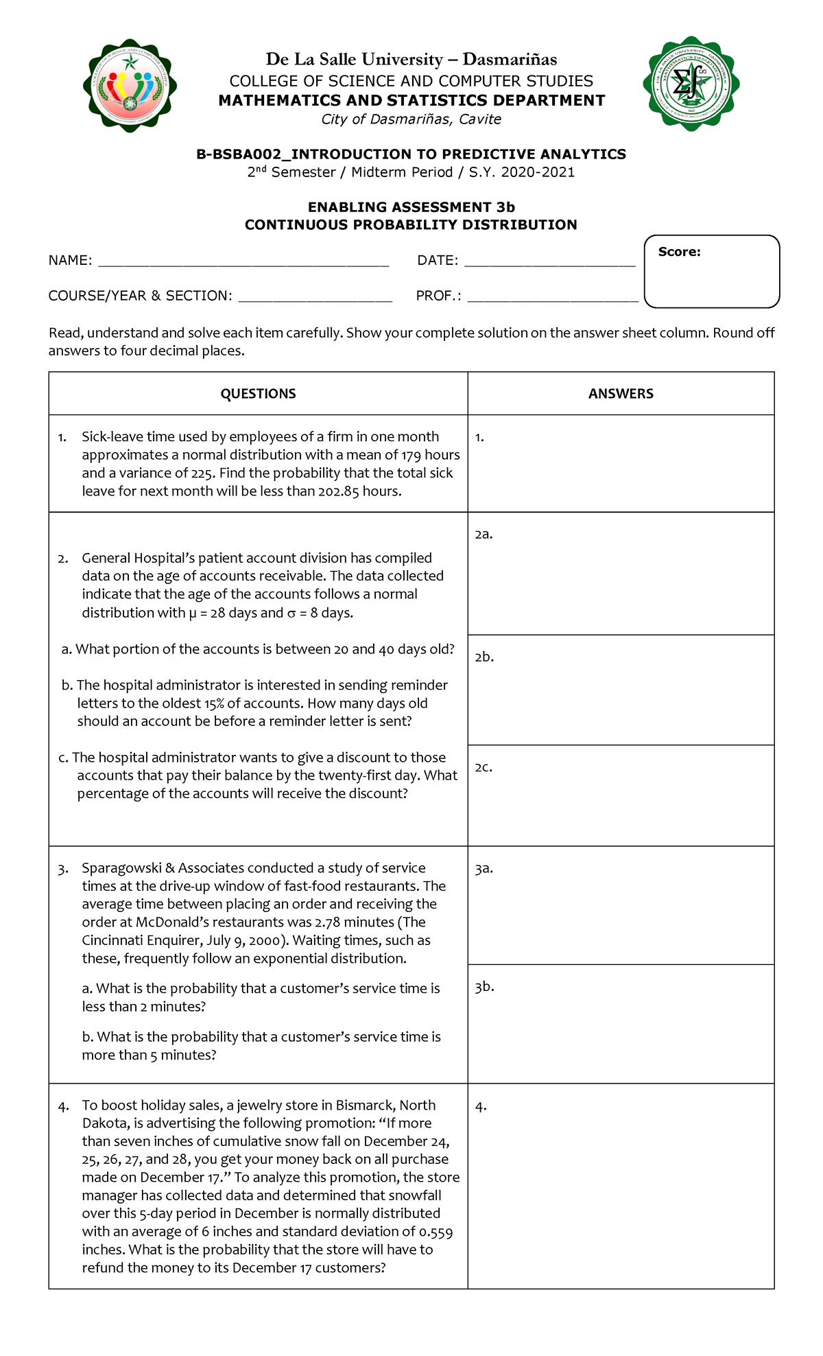 Enabling Assessment 3b: Continuous Probability Distribution - B-BSBA002 ...
