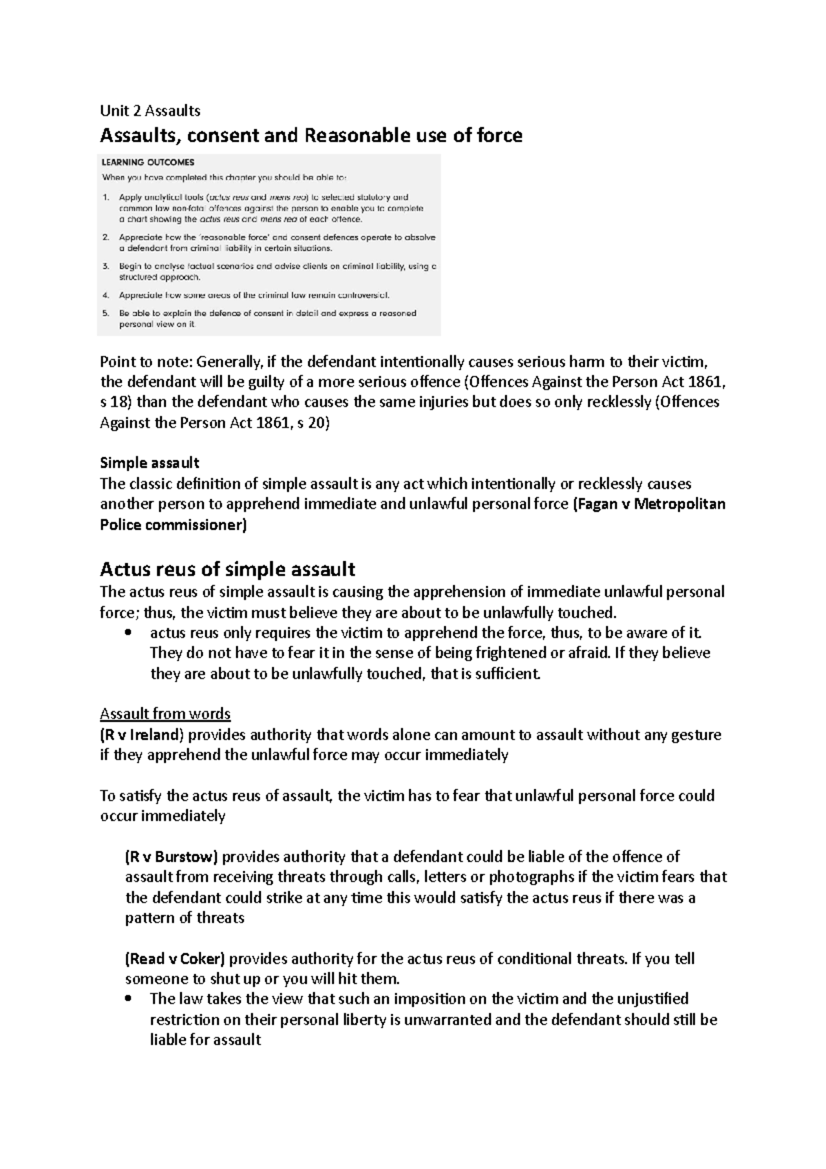 Unit 2 Assaults: Examining Consent and Reasonable Force Defences - Studocu