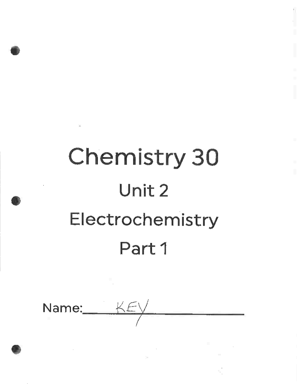 Chemistry 30 Unit 2: Redox Reactions & Electrochemistry Lesson 1 Key ...