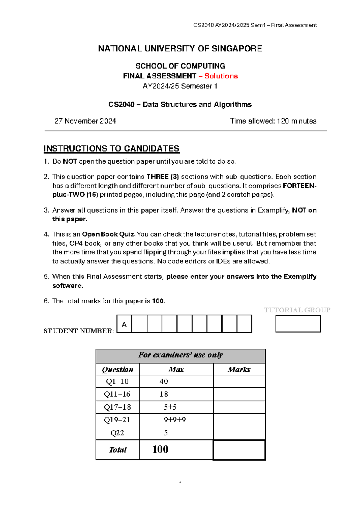 CS2040 Sem1 Final Assessment Solutions - Data Structures & Algorithms ...